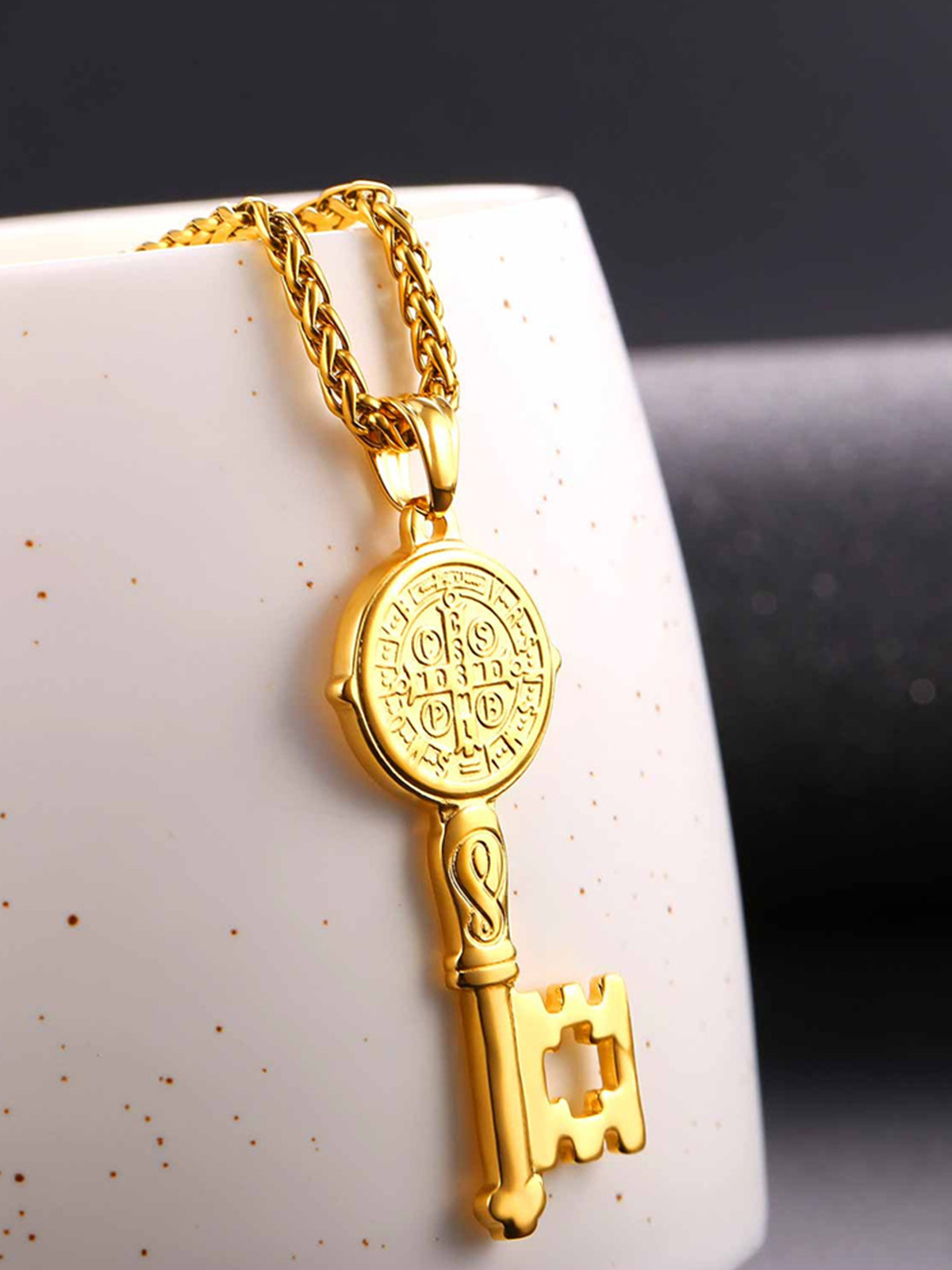 Saint Benedict Pendant Medal Key Necklace in 18K Gold