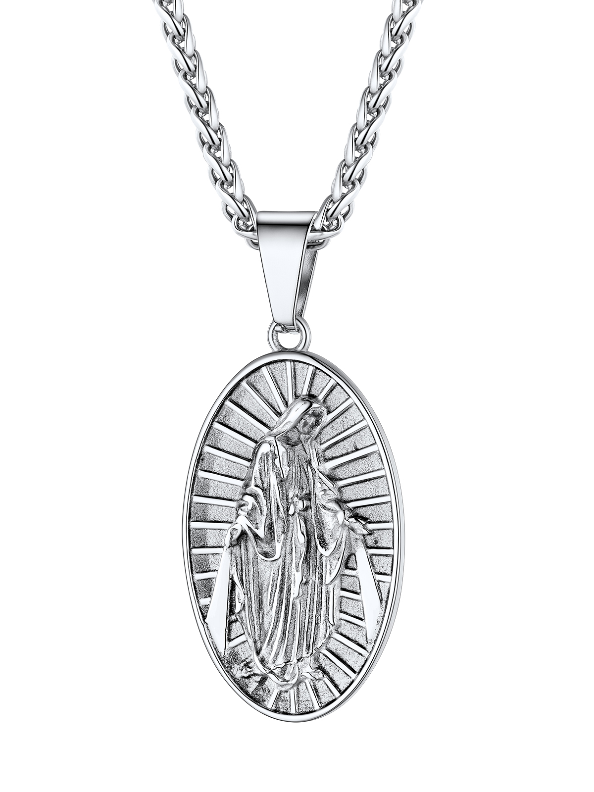 Virgin Mary Pendant Oval Medallion Necklace in Stainless