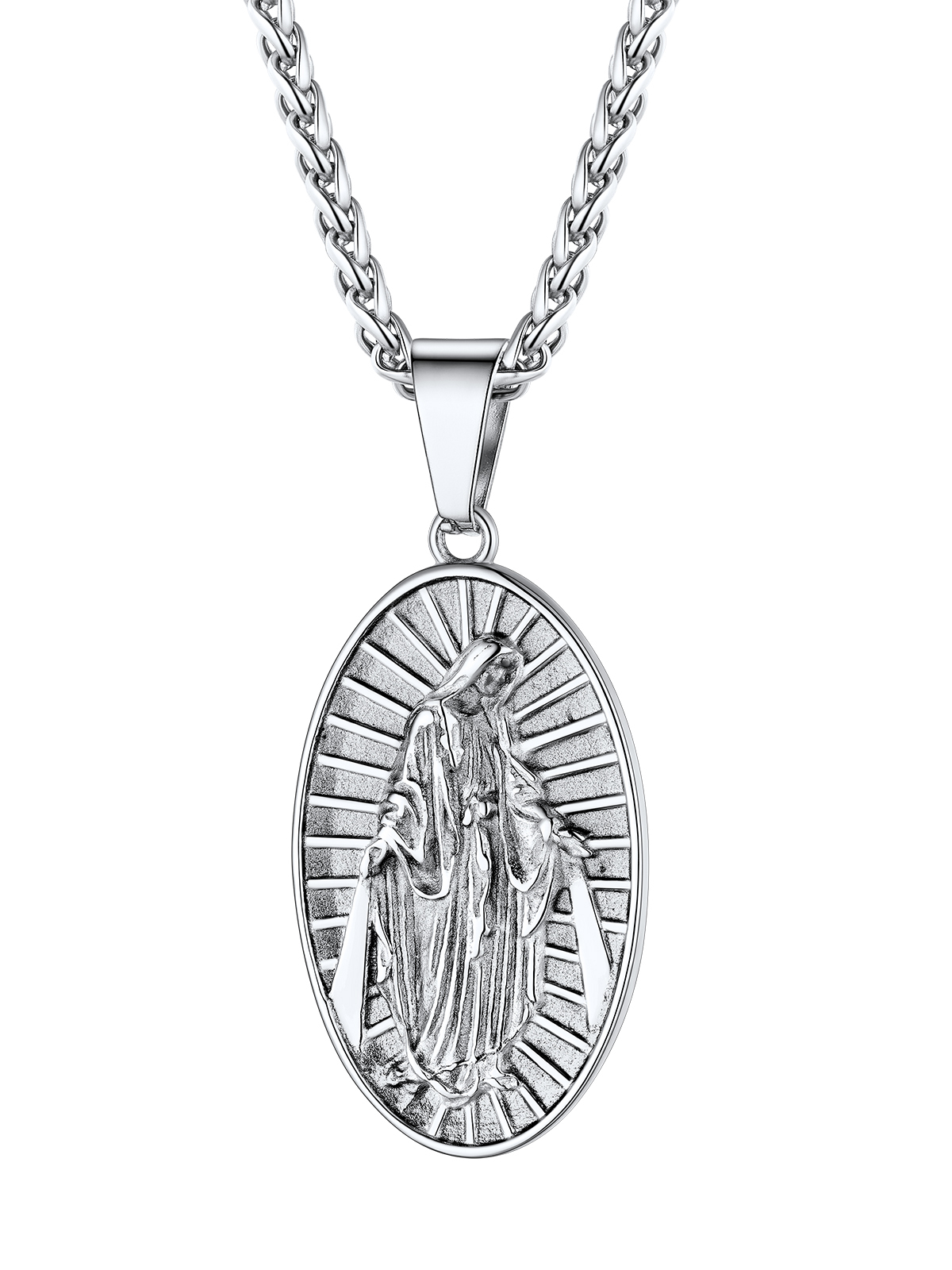 Virgin Mary Pendant Oval Medallion Necklace in Stainless