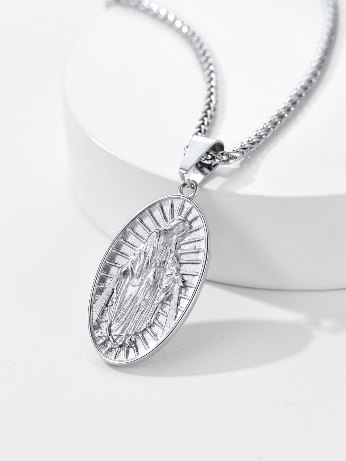 Virgin Mary Pendant Oval Medallion Necklace in Stainless