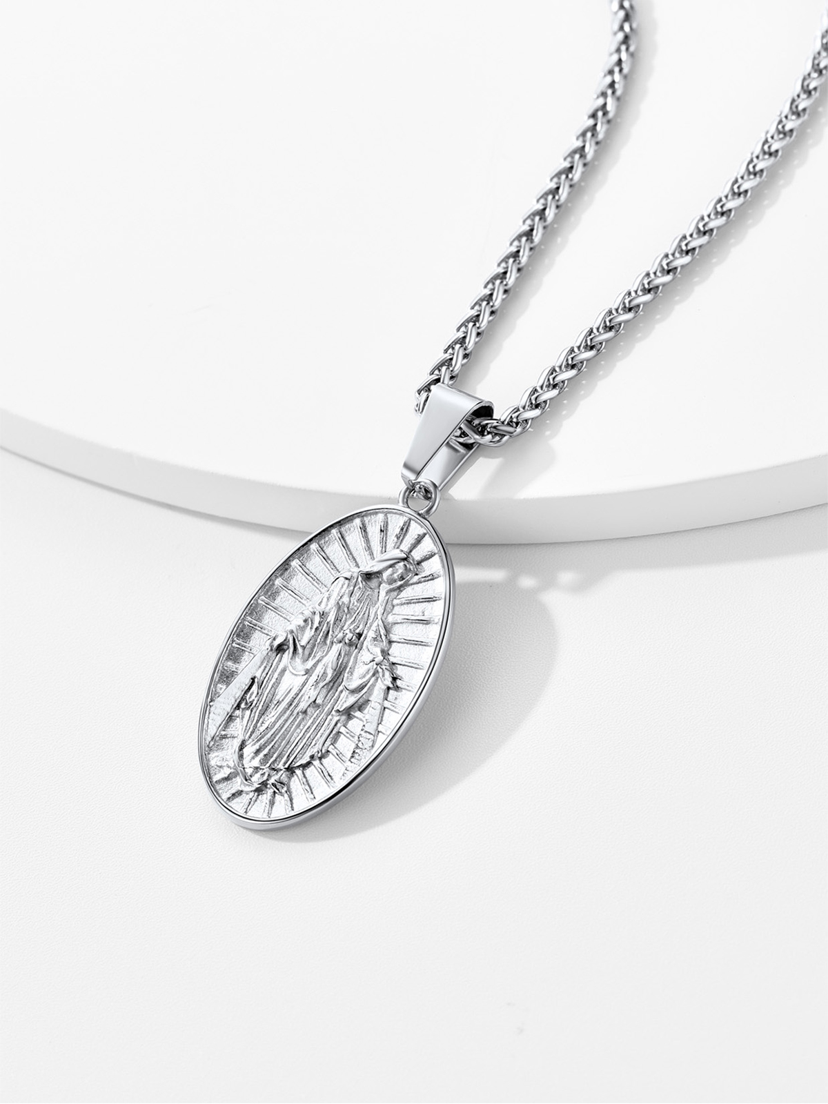 Virgin Mary Pendant Oval Medallion Necklace in Stainless