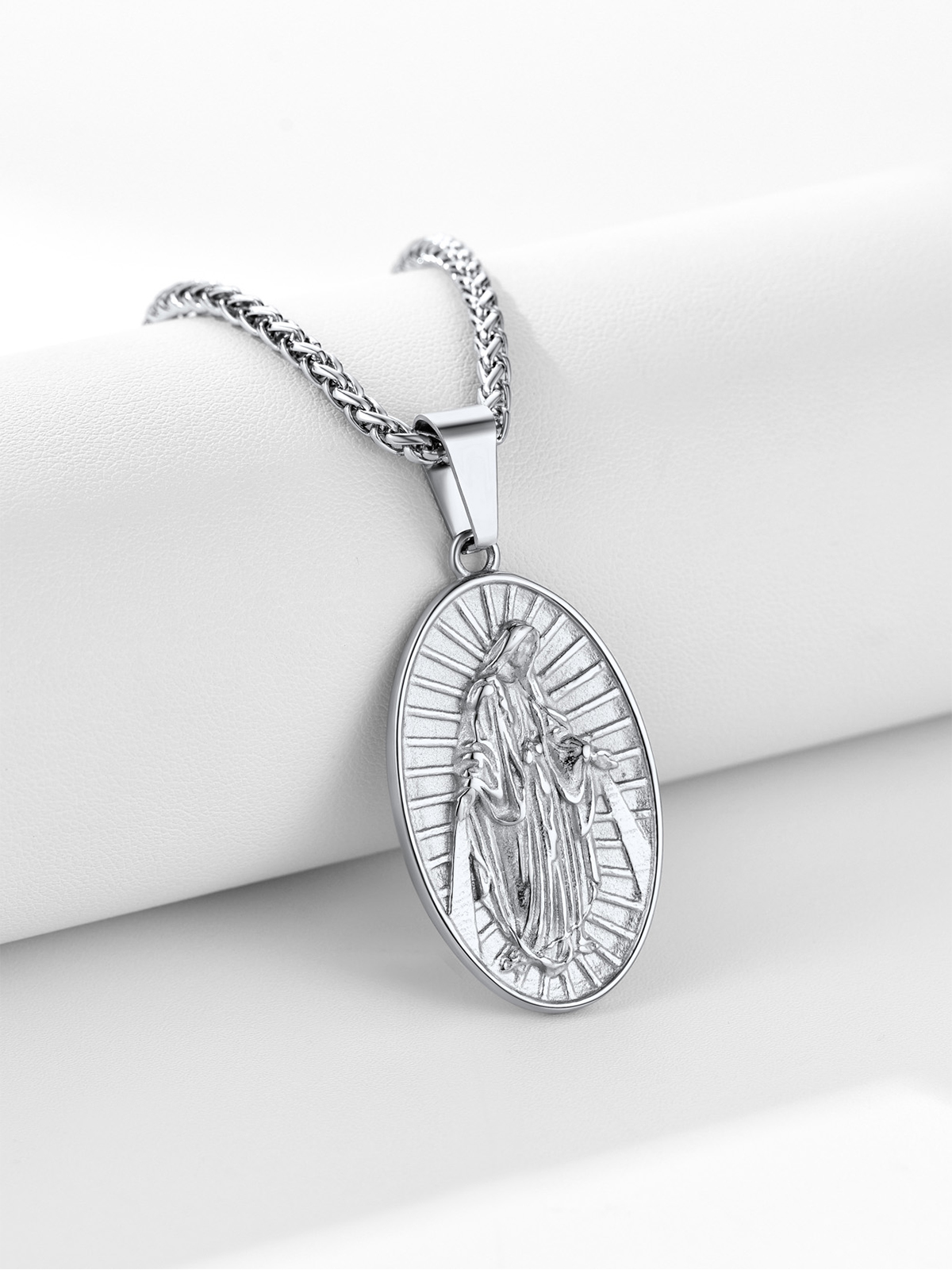 Virgin Mary Pendant Oval Medallion Necklace in Stainless