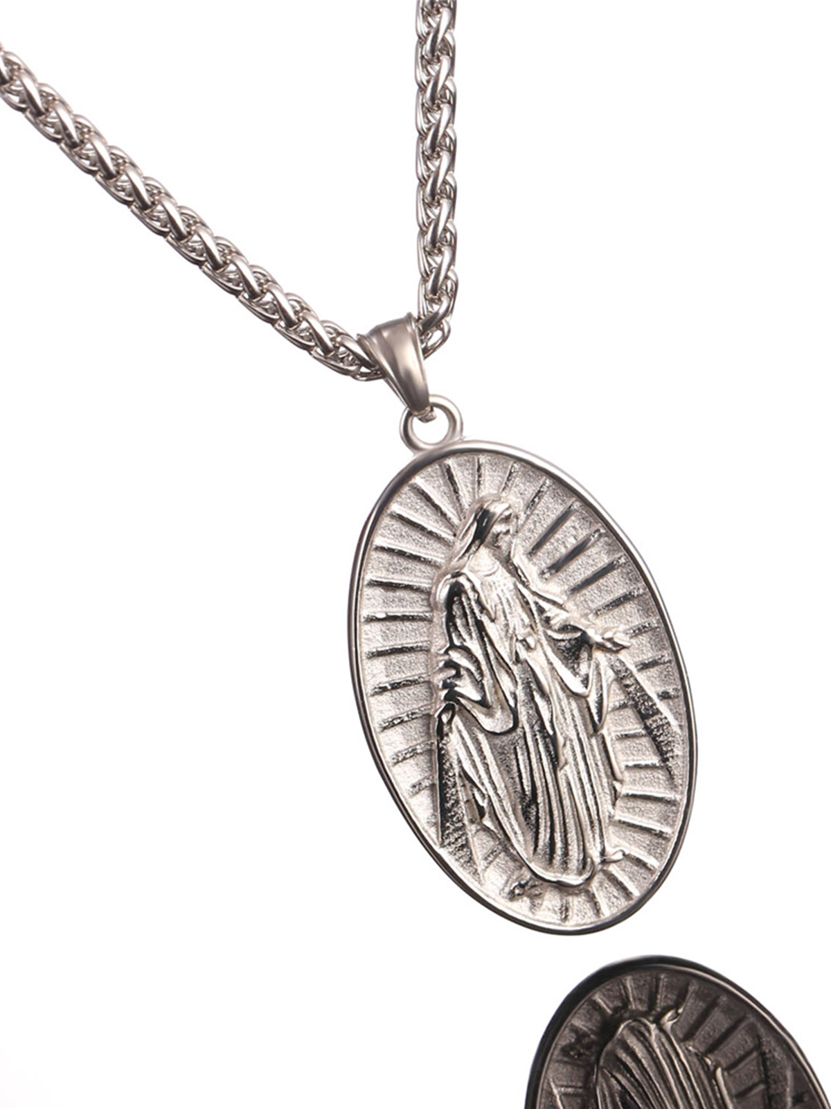 Virgin Mary Pendant Oval Medallion Necklace in Stainless