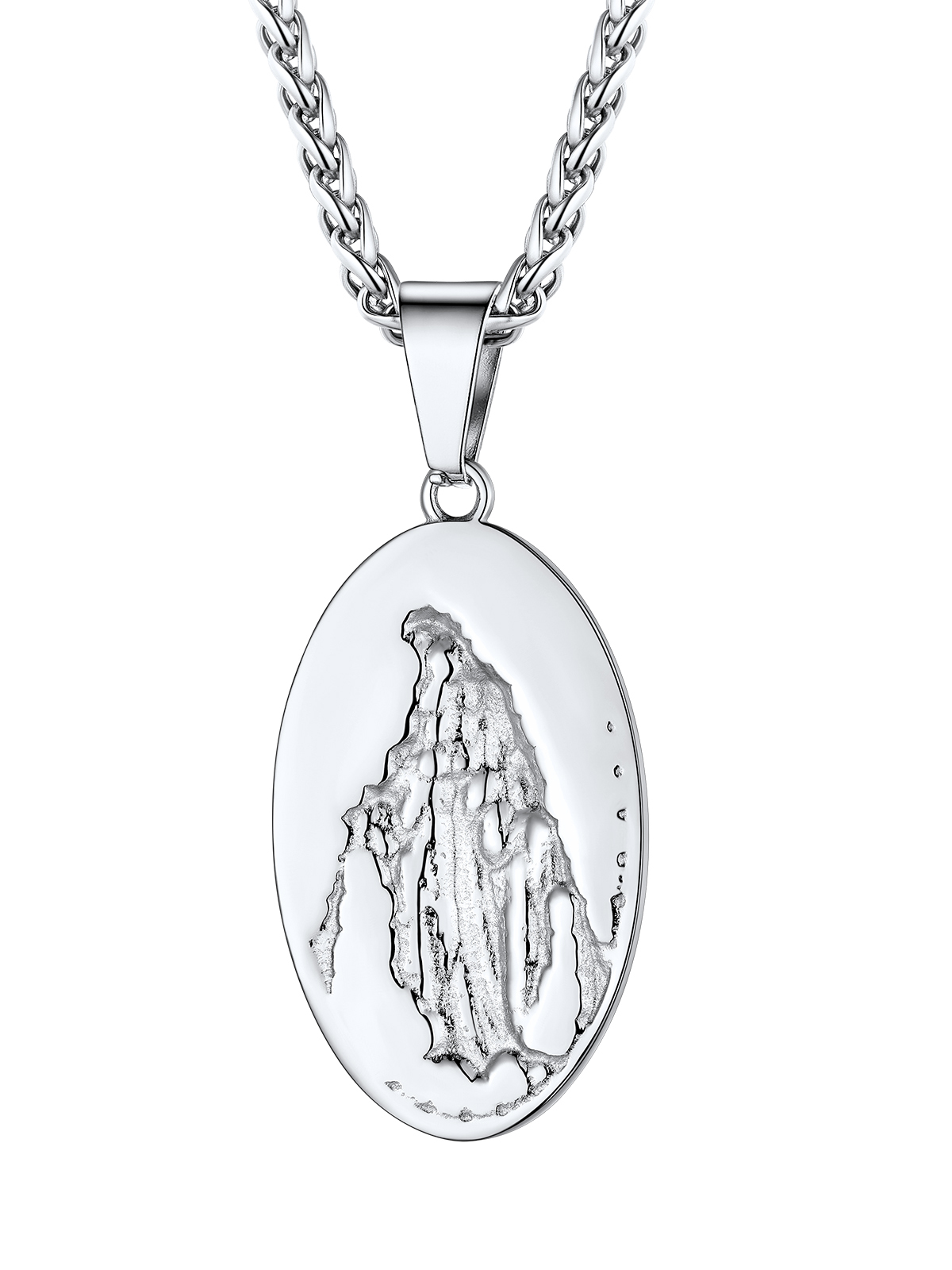 Virgin Mary Pendant Oval Medallion Necklace in Stainless