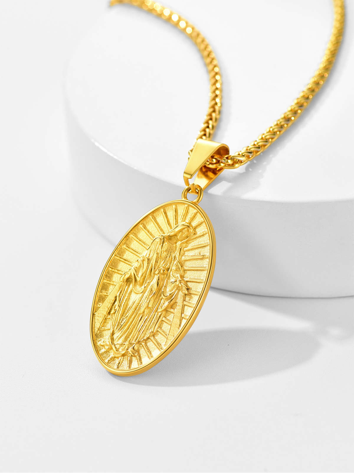 Virgin Mary Pendant Oval Medallion Necklace in 18K Gold Plated