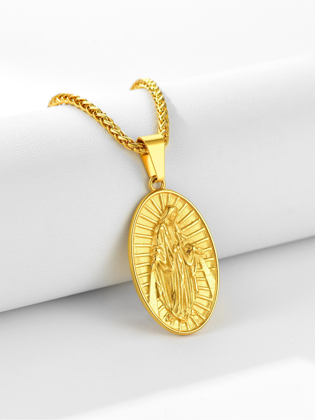 Virgin Mary Pendant Oval Medallion Necklace in 18K Gold Plated