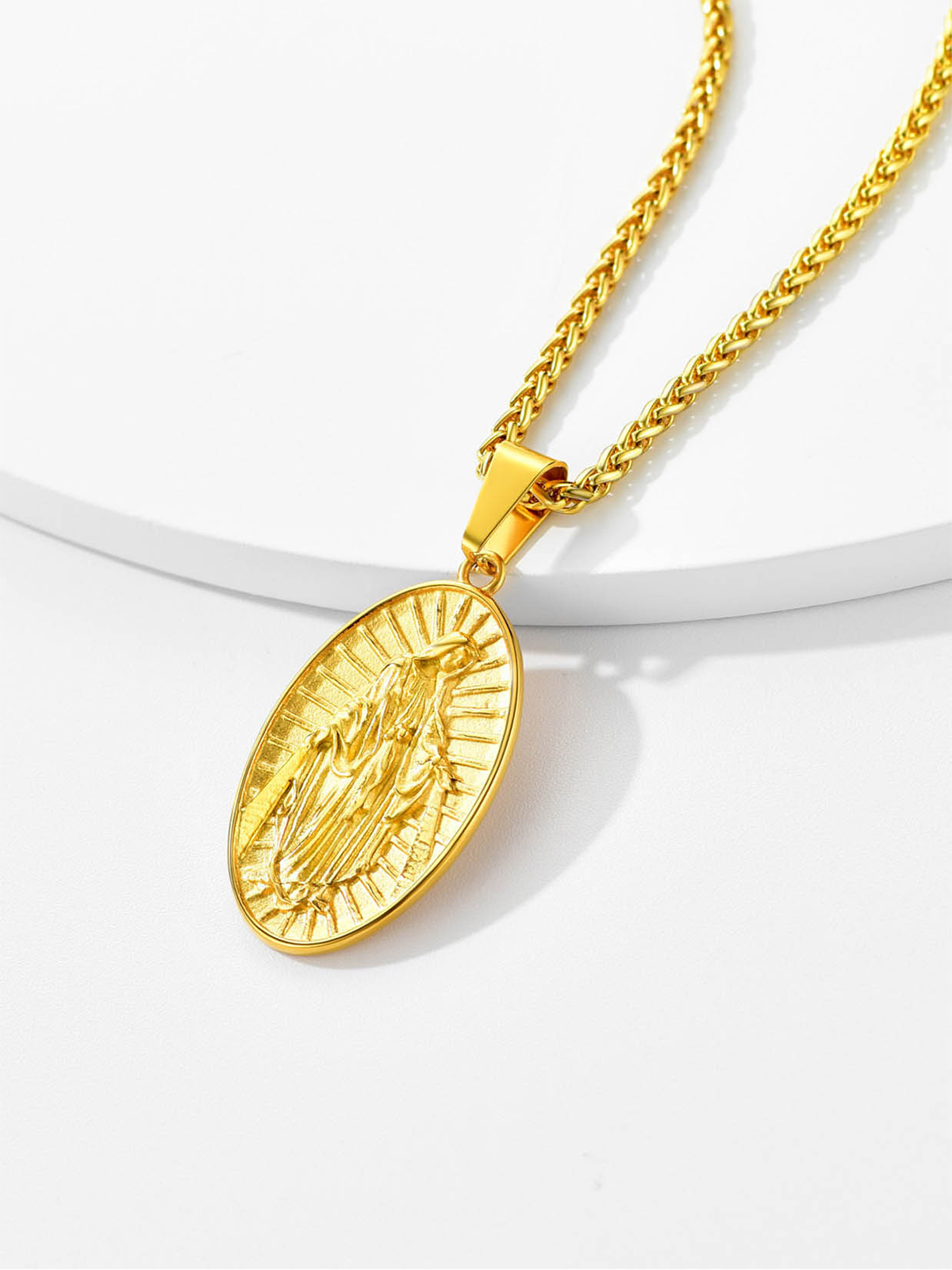 Virgin Mary Pendant Oval Medallion Necklace in 18K Gold Plated