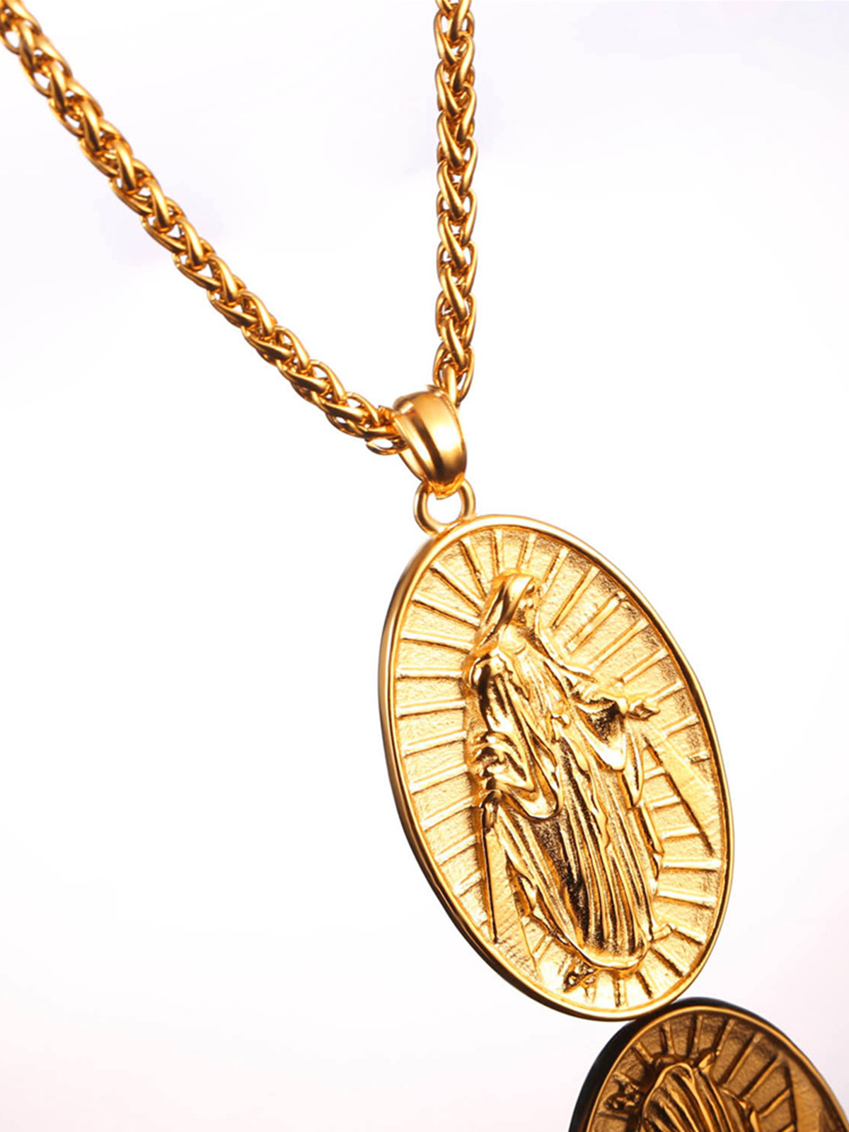 Virgin Mary Pendant Oval Medallion Necklace in 18K Gold Plated