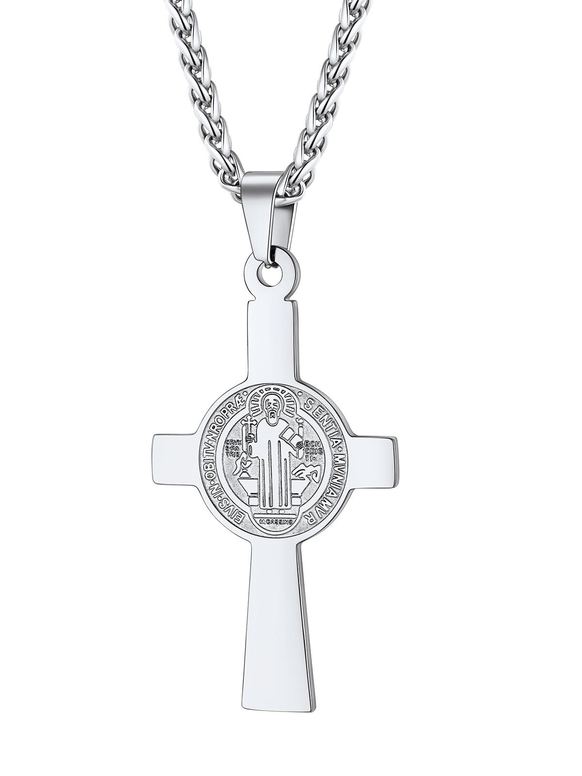 Saint Benedict Pendant Medal Cross Necklace in Stainless