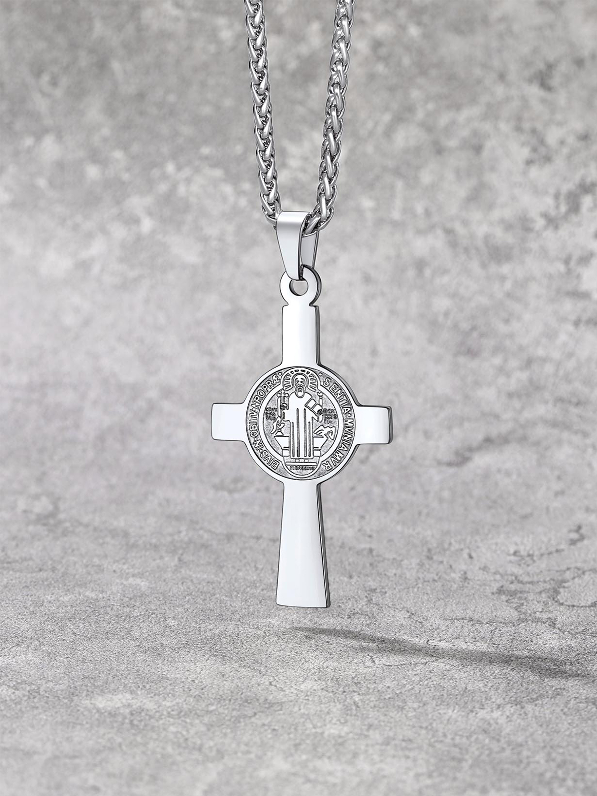 Saint Benedict Pendant Medal Cross Necklace in Stainless