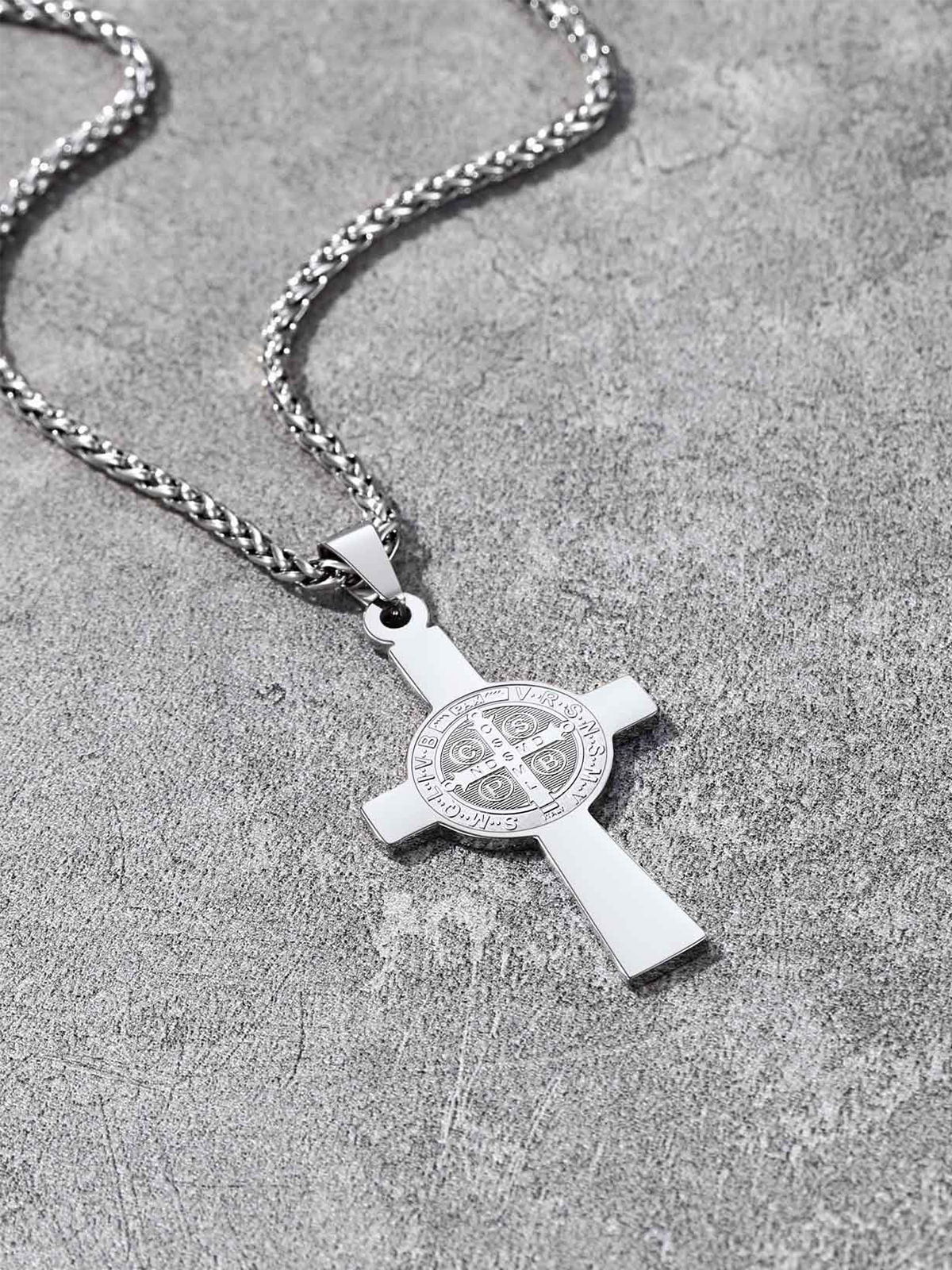 Saint Benedict Pendant Medal Cross Necklace in Stainless