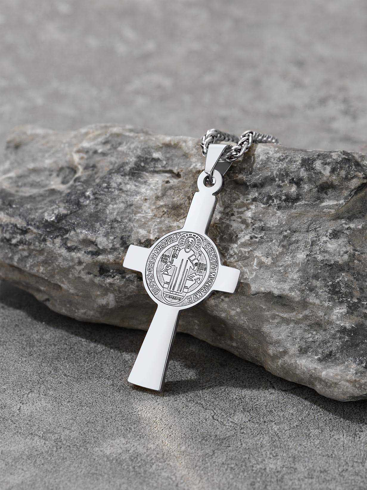 Saint Benedict Pendant Medal Cross Necklace in Stainless