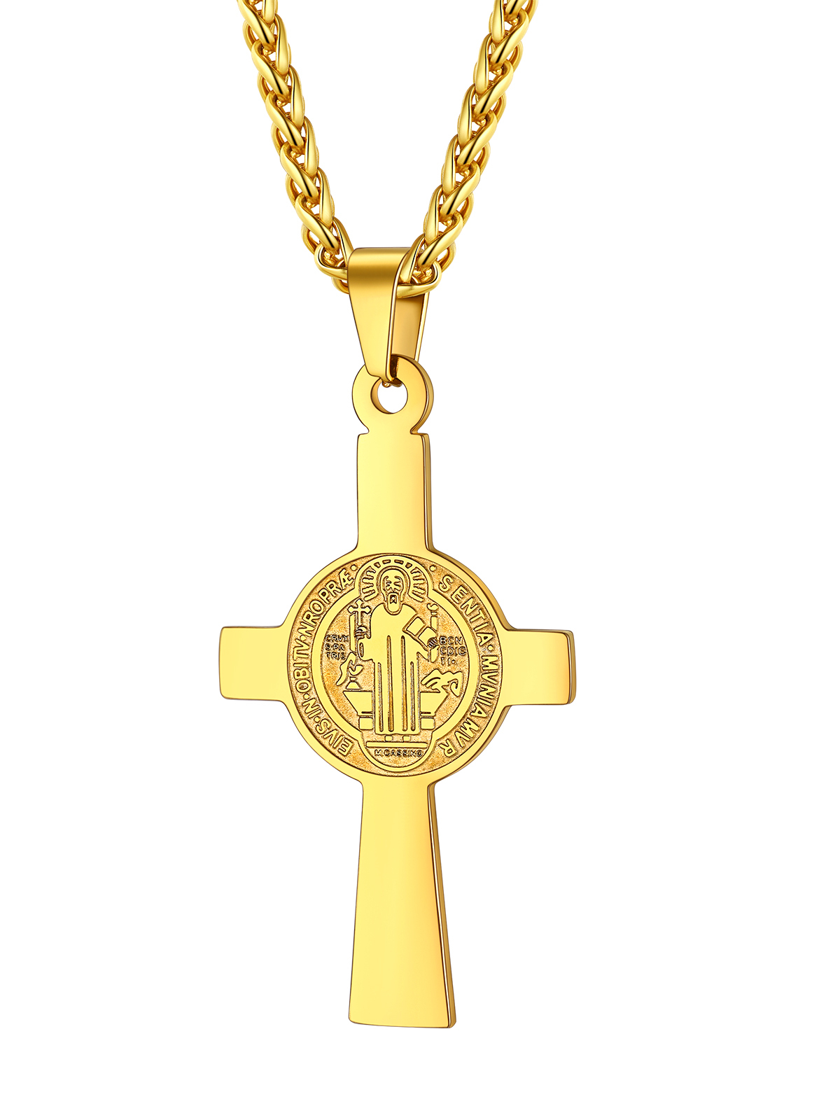 Saint Benedict Pendant Medal Cross Necklace in 18K Gold Plated