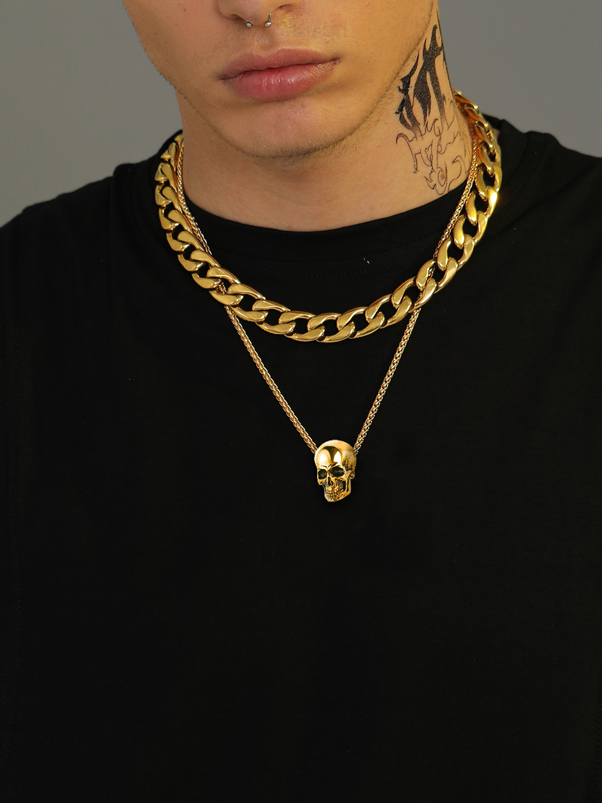 Antique Skull Pendant Punk Gothic Necklace in 18K Gold