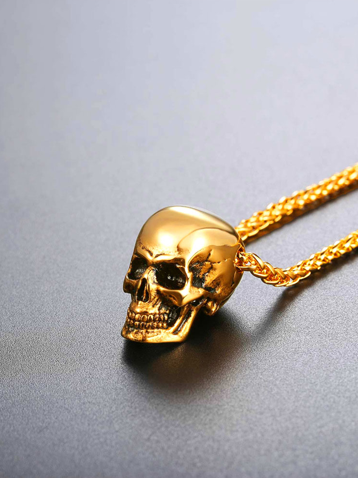 Antique Skull Pendant Punk Gothic Necklace in 18K Gold