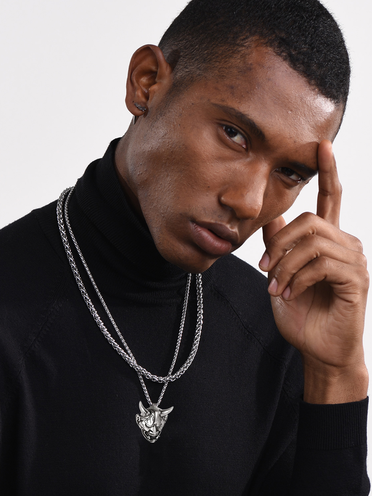 Hannya Mask Pendant Evil Demon Horn Necklace in Stainless