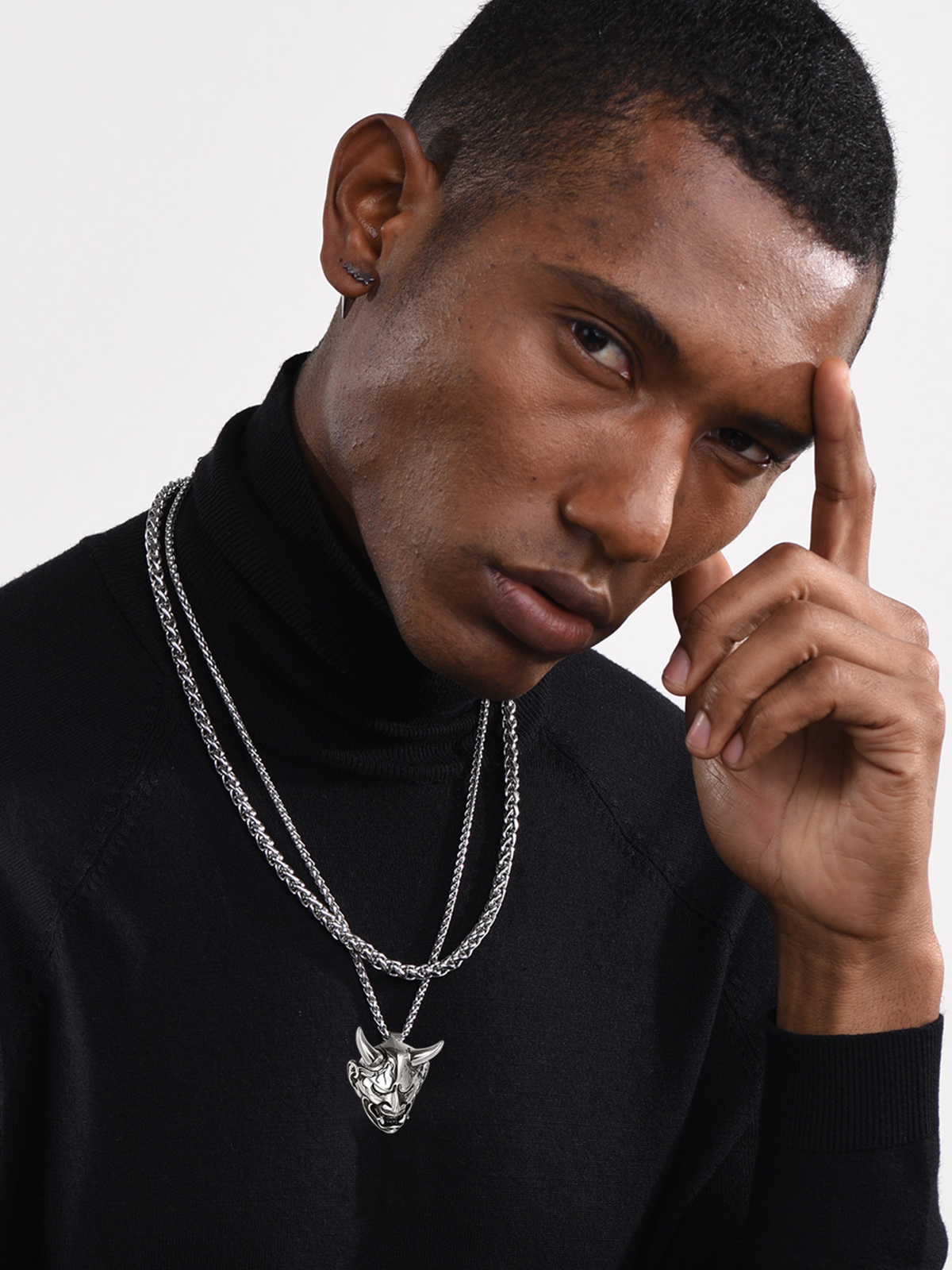 Hannya Mask Pendant Evil Demon Horn Necklace in Stainless