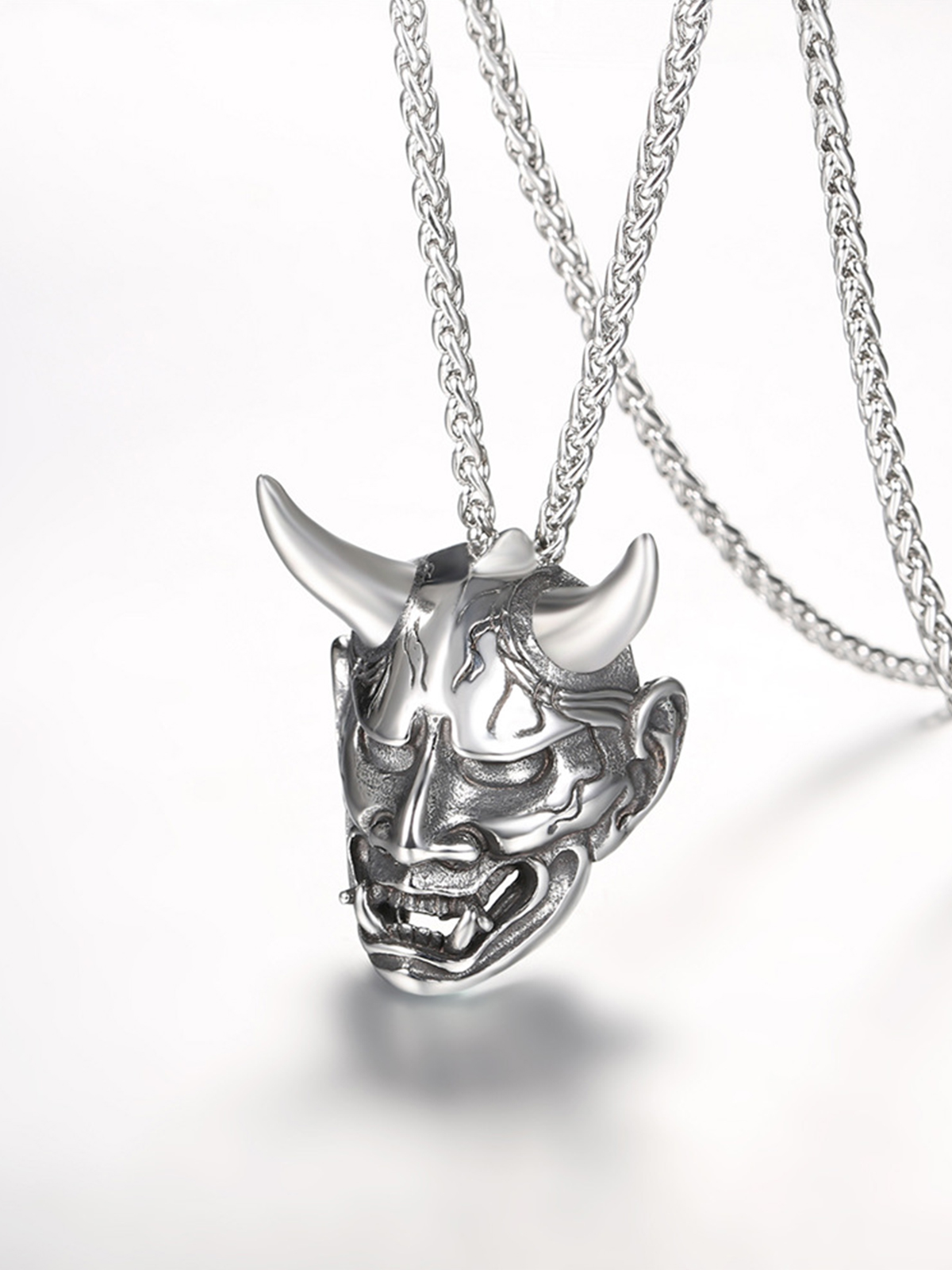 Hannya Mask Pendant Evil Demon Horn Necklace in Stainless