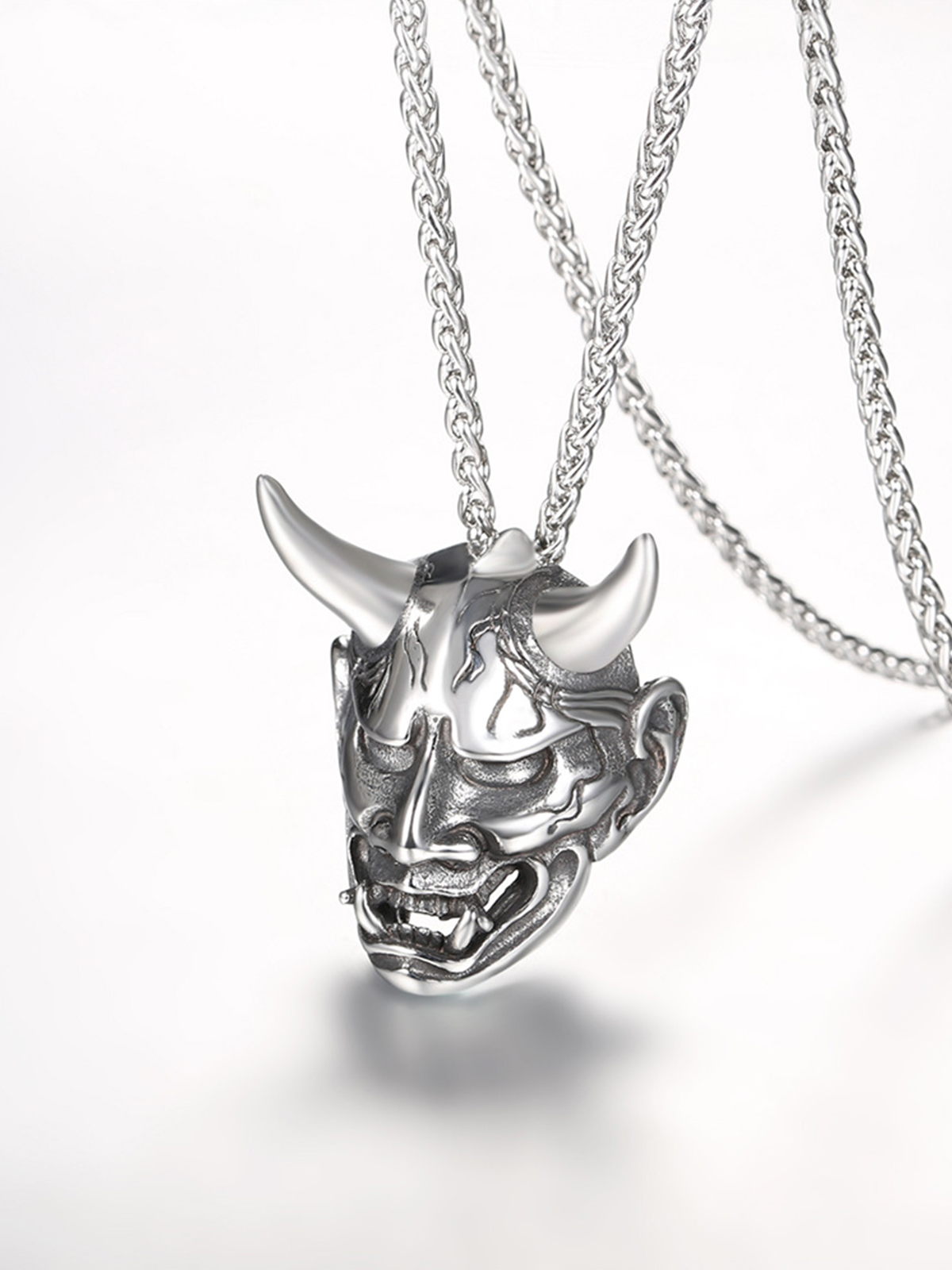 Hannya Mask Pendant Evil Demon Horn Necklace in Stainless