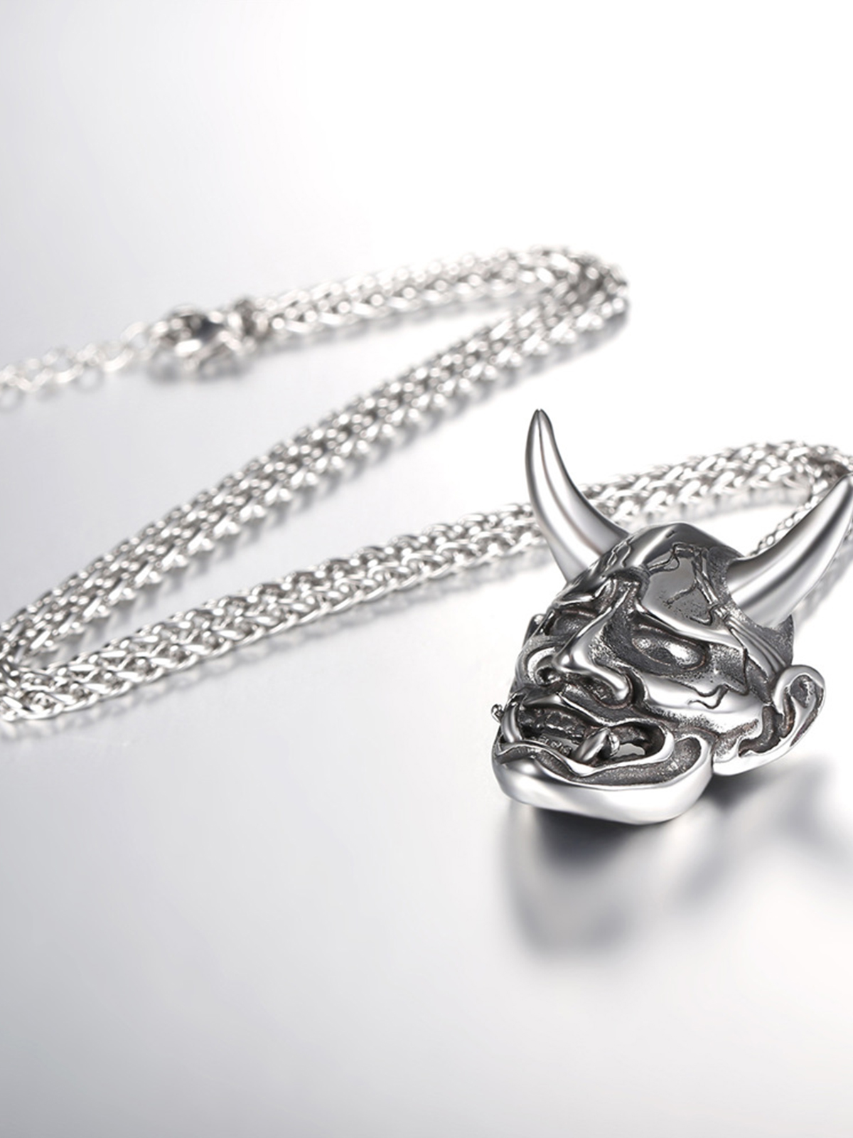 Hannya Mask Pendant Evil Demon Horn Necklace in Stainless