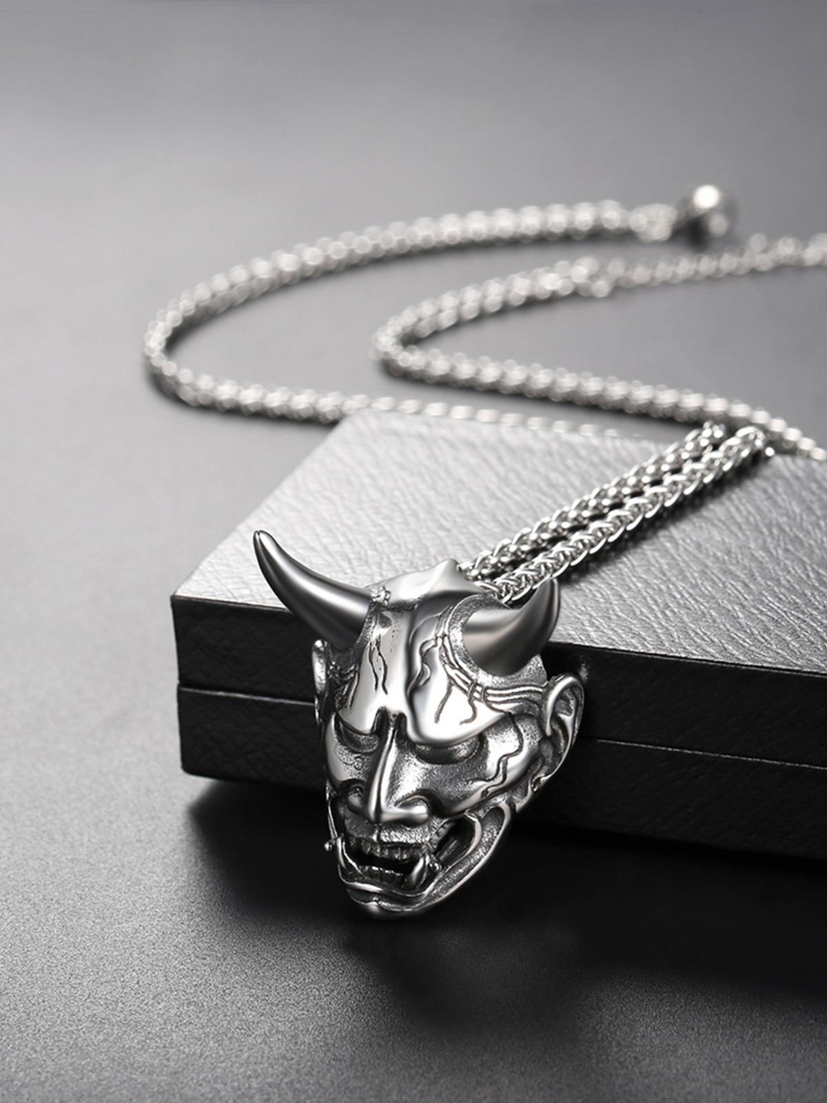 Hannya Mask Pendant Evil Demon Horn Necklace in Stainless
