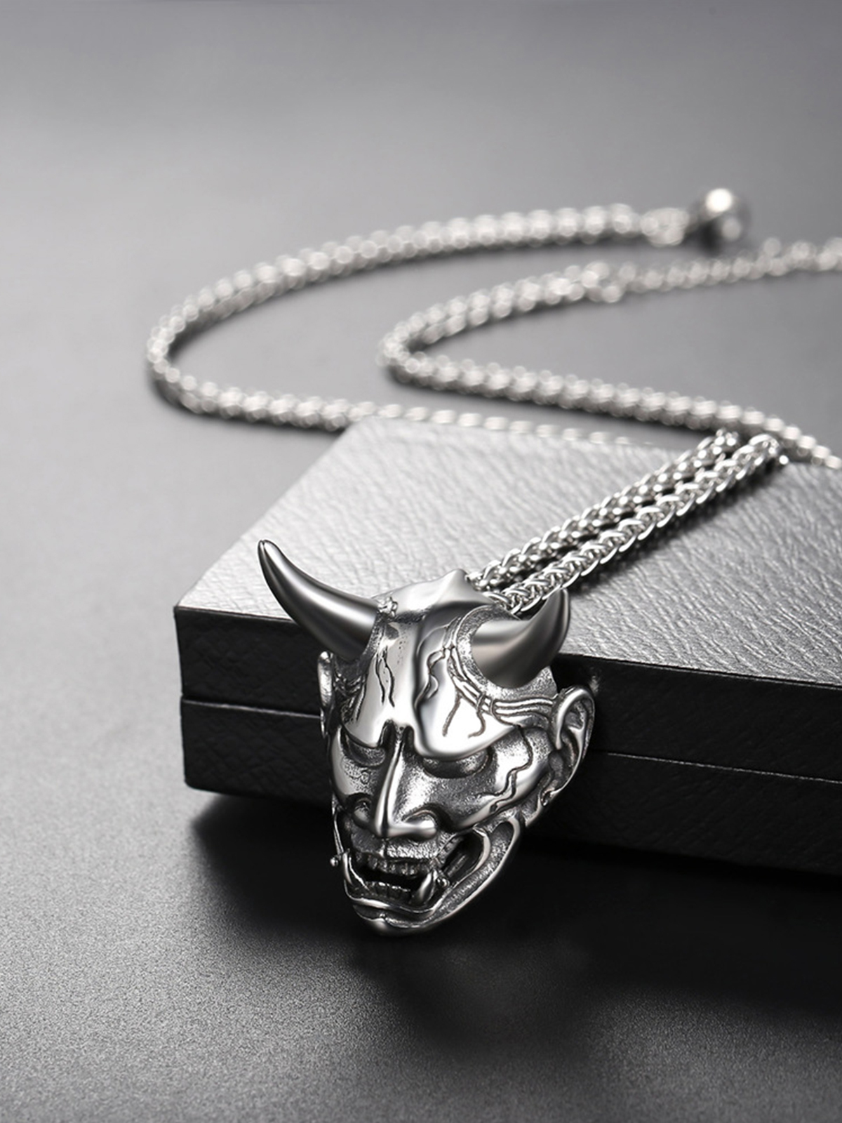 Hannya Mask Pendant Evil Demon Horn Necklace in Stainless