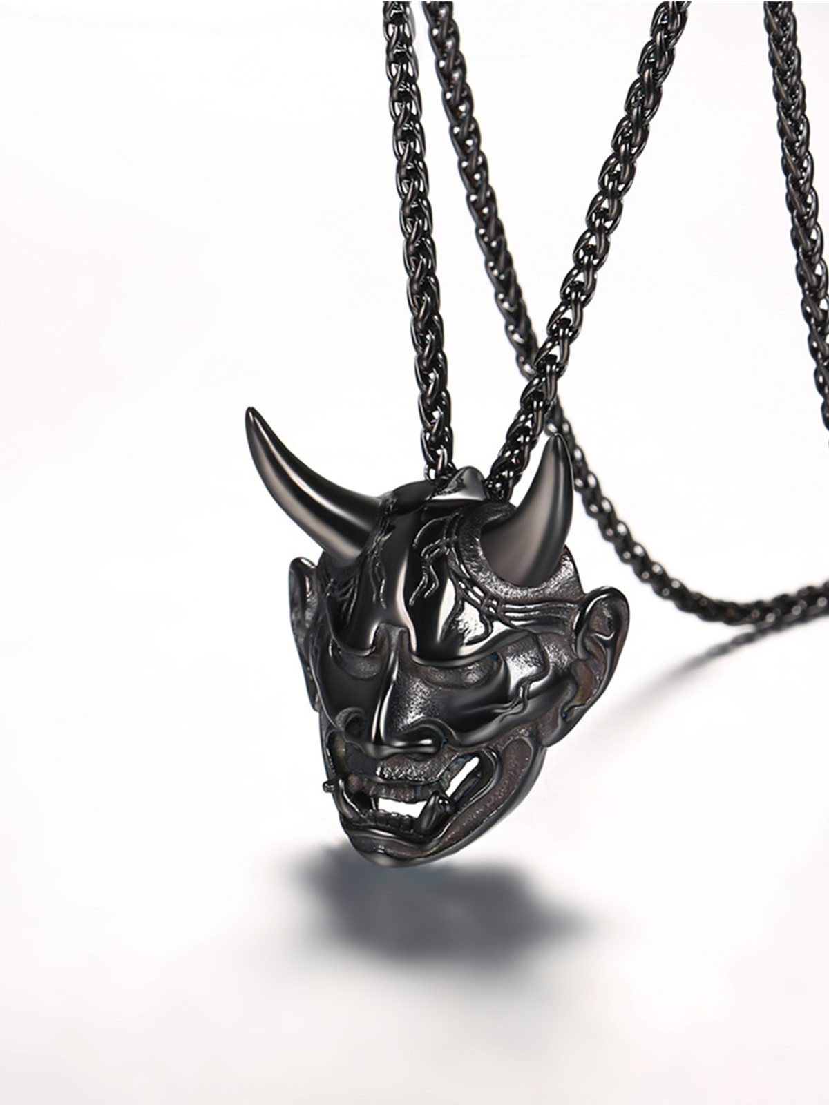 Hannya Mask Pendant Evil Demon Horn Necklace in Black Plated