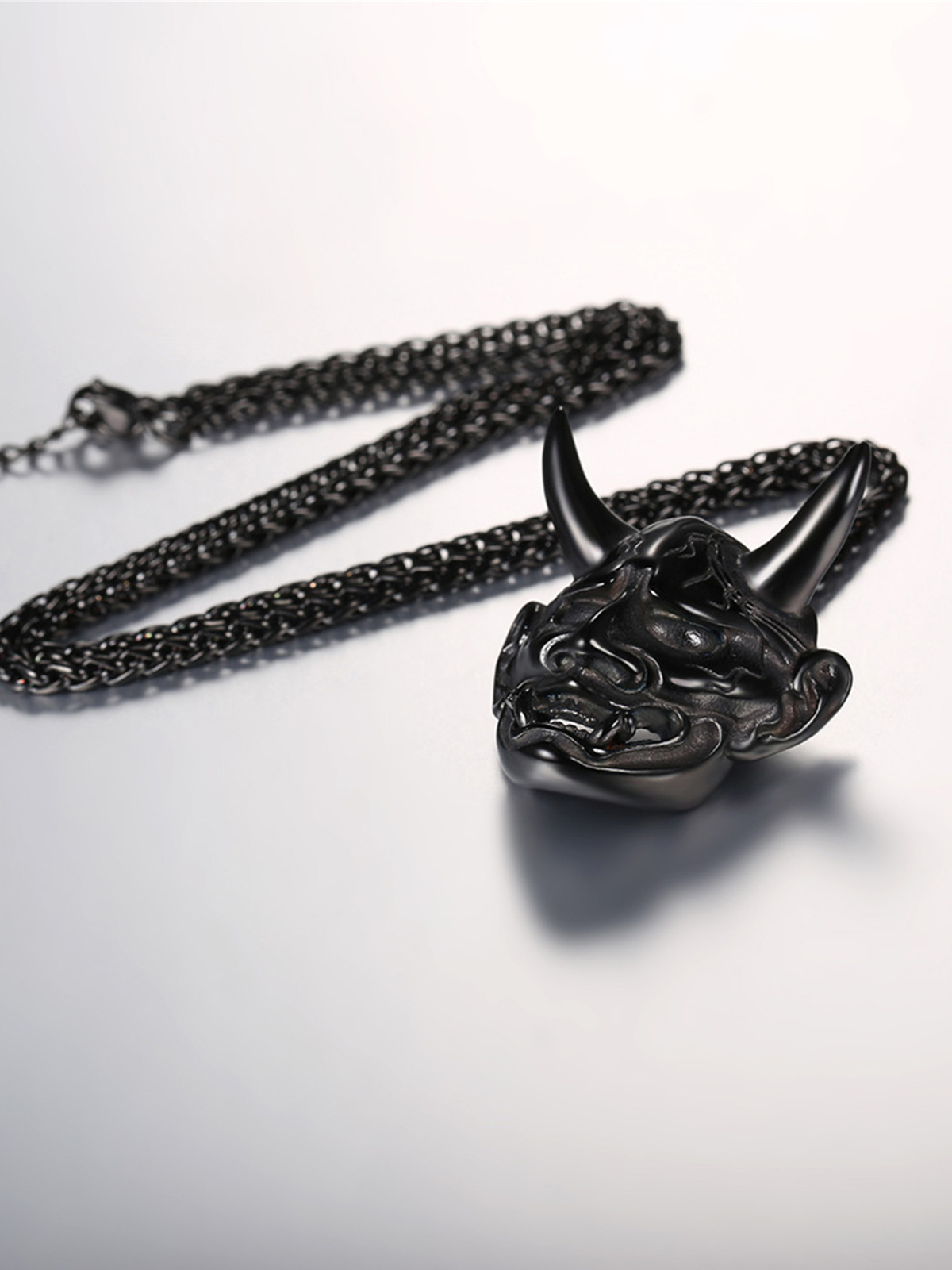 Hannya Mask Pendant Evil Demon Horn Necklace in Black Plated