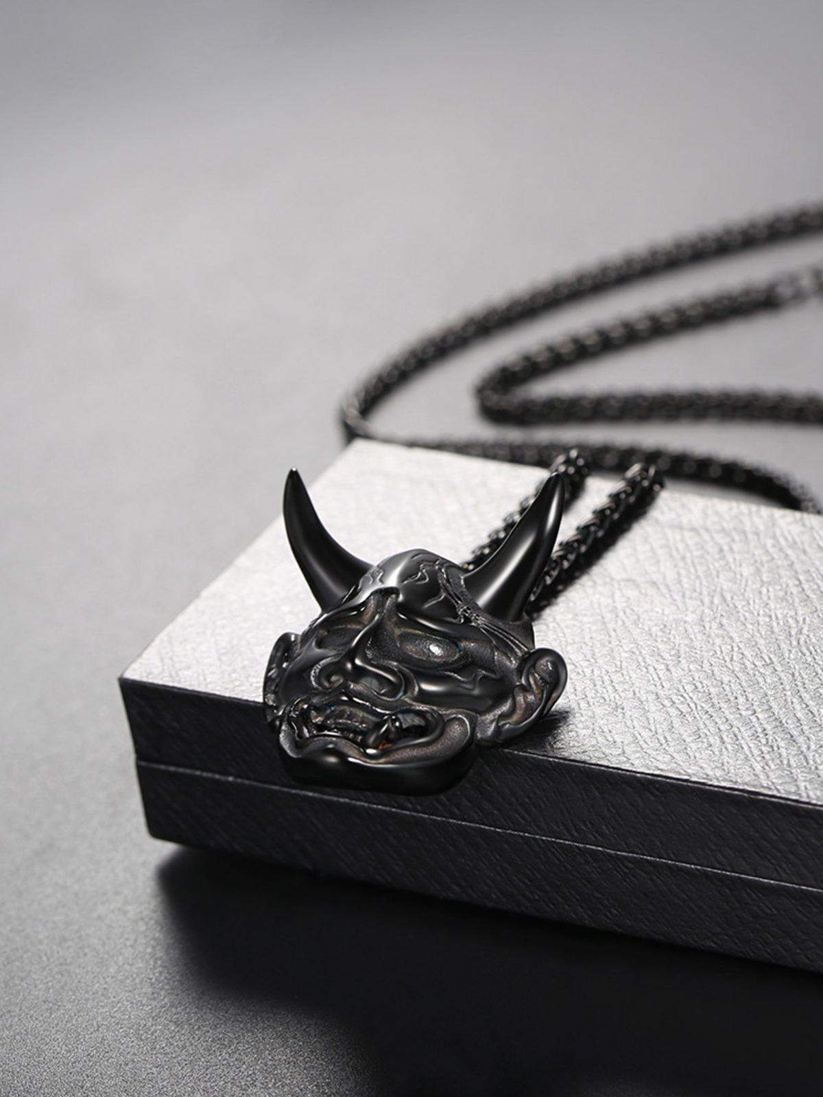 Hannya Mask Pendant Evil Demon Horn Necklace in Black Plated
