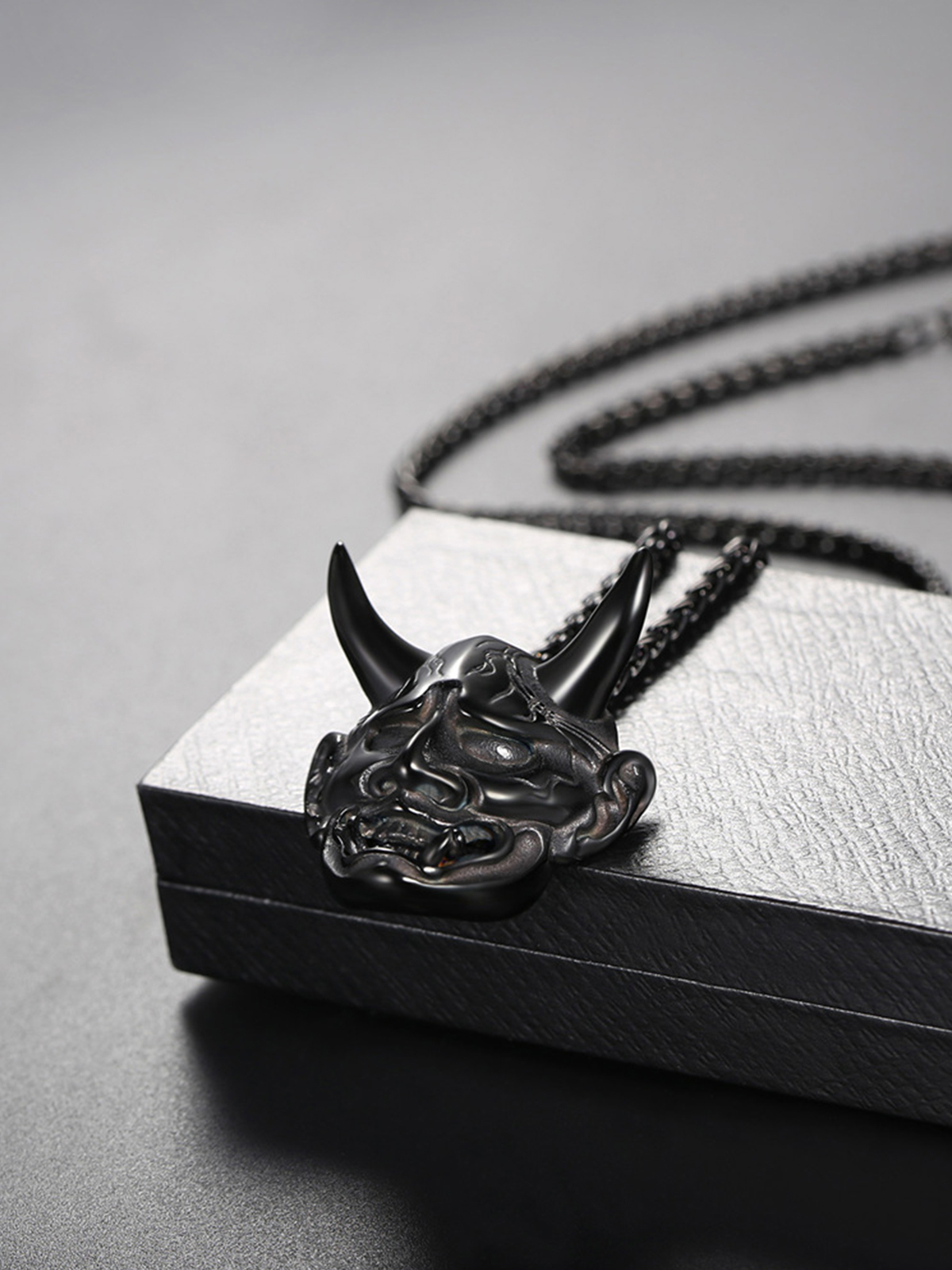 Hannya Mask Pendant Evil Demon Horn Necklace in Black Plated