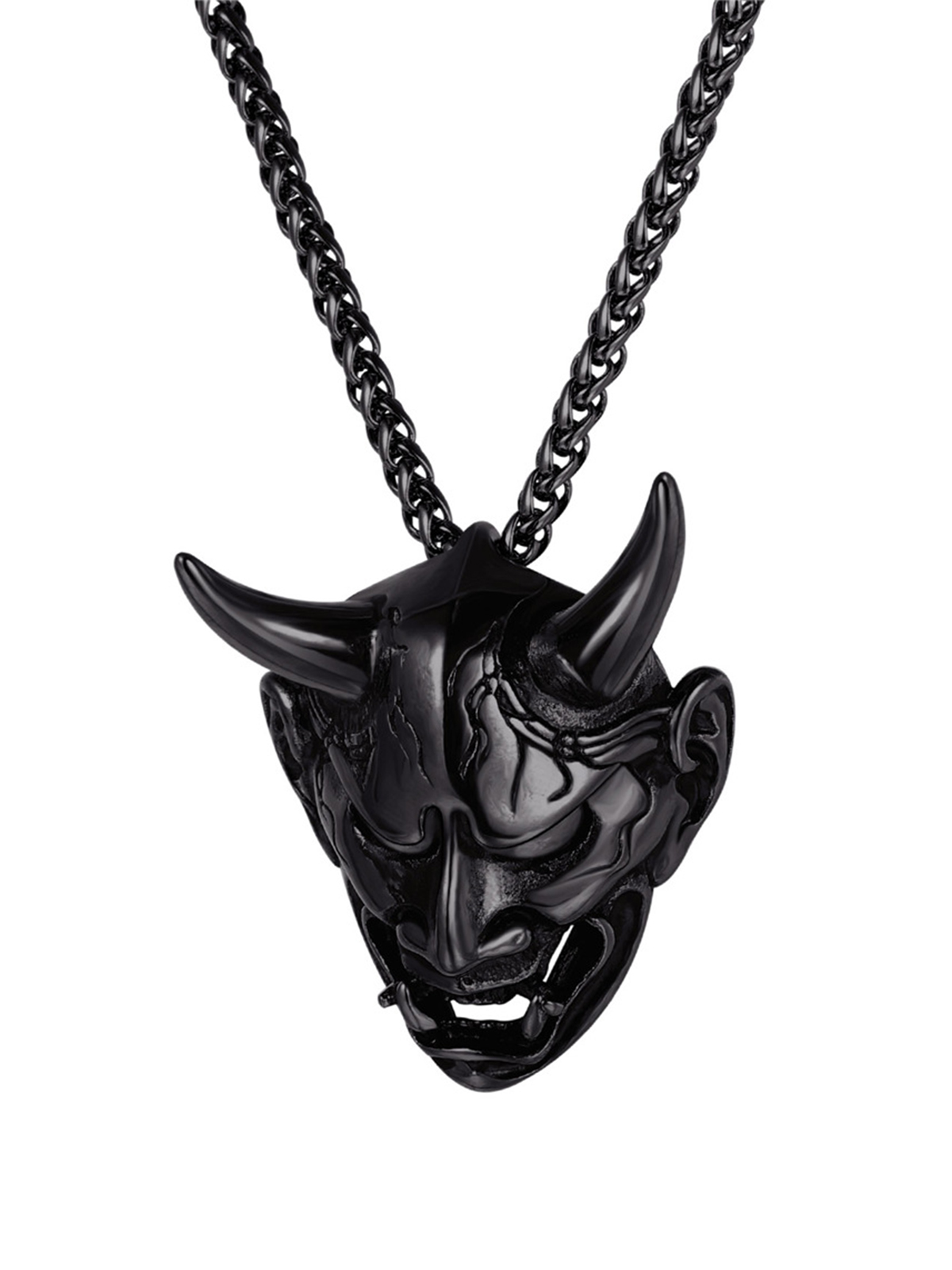 Hannya Mask Pendant Evil Demon Horn Necklace in Black Plated