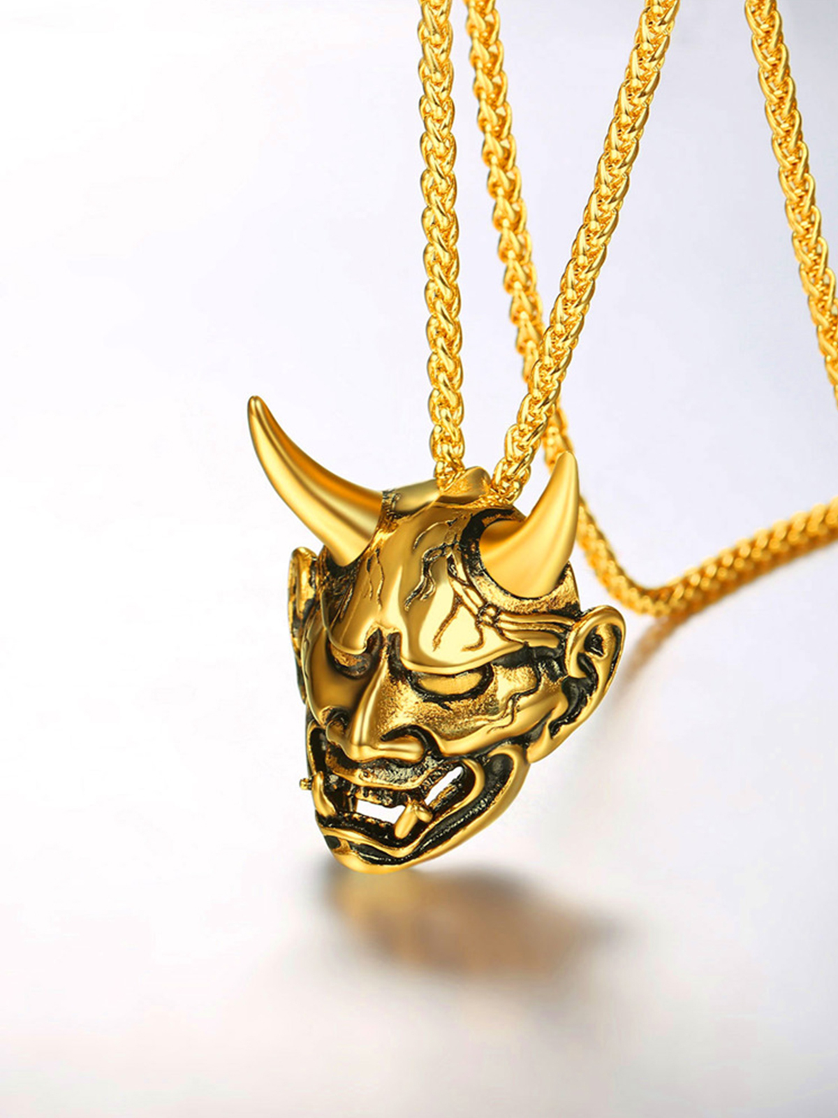 Hannya Mask Pendant Evil Demon Horn Necklace in 18K Gold Plated