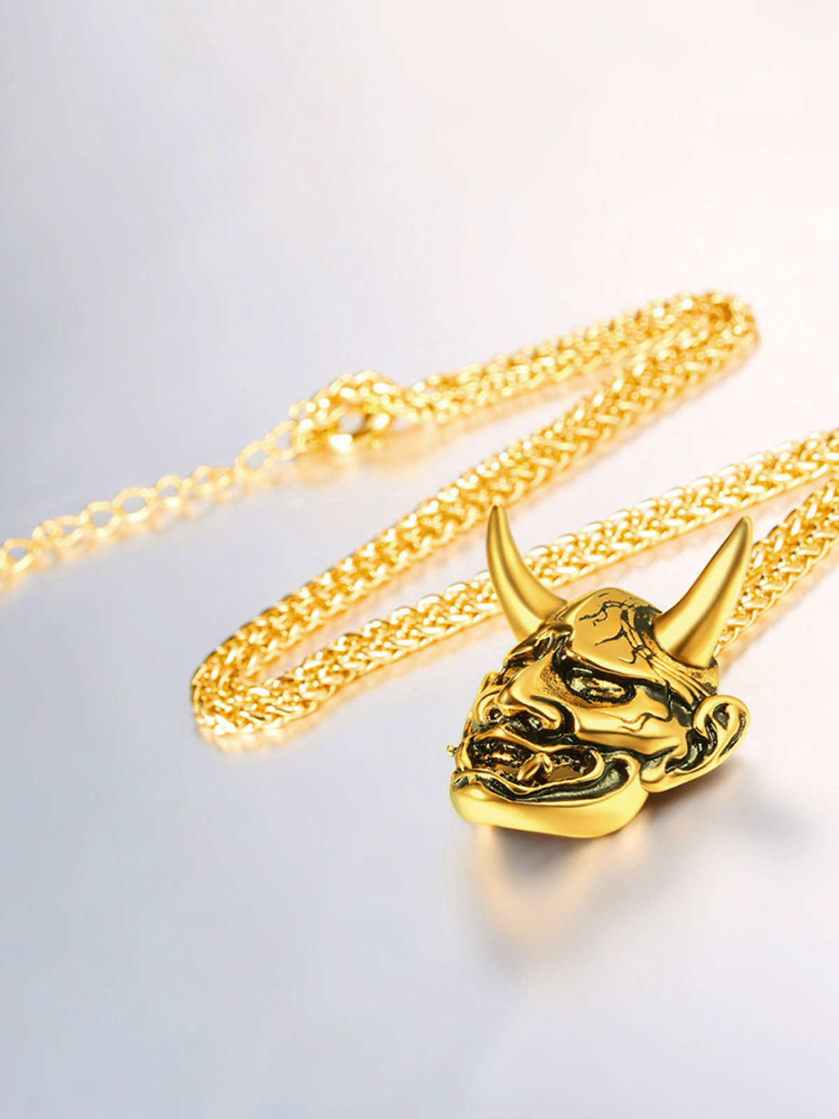 Hannya Mask Pendant Evil Demon Horn Necklace in 18K Gold Plated