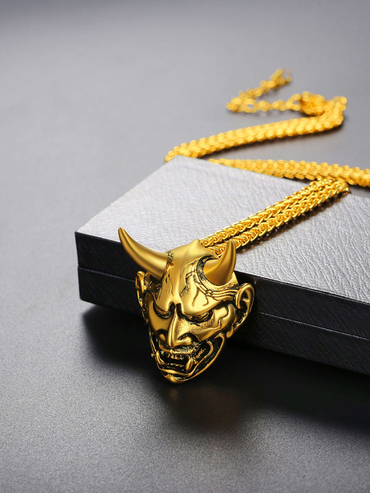 Hannya Mask Pendant Evil Demon Horn Necklace in 18K Gold Plated