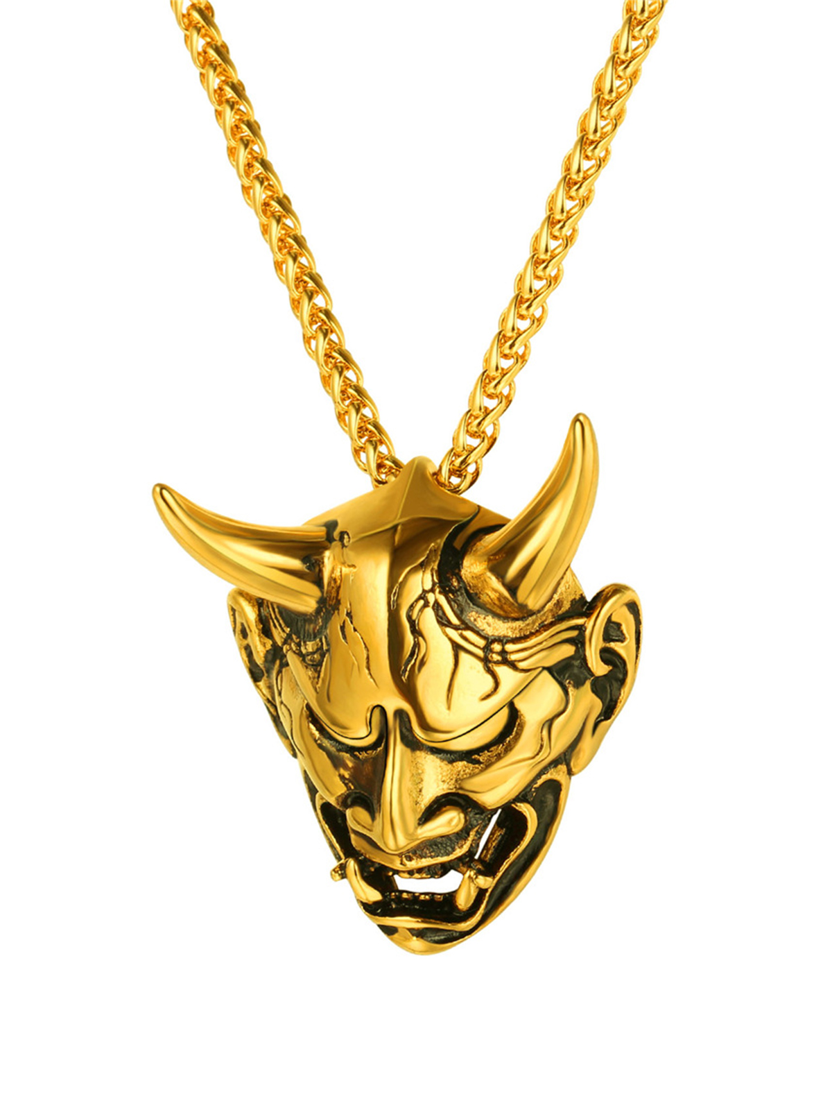Hannya Mask Pendant Evil Demon Horn Necklace in 18K Gold Plated