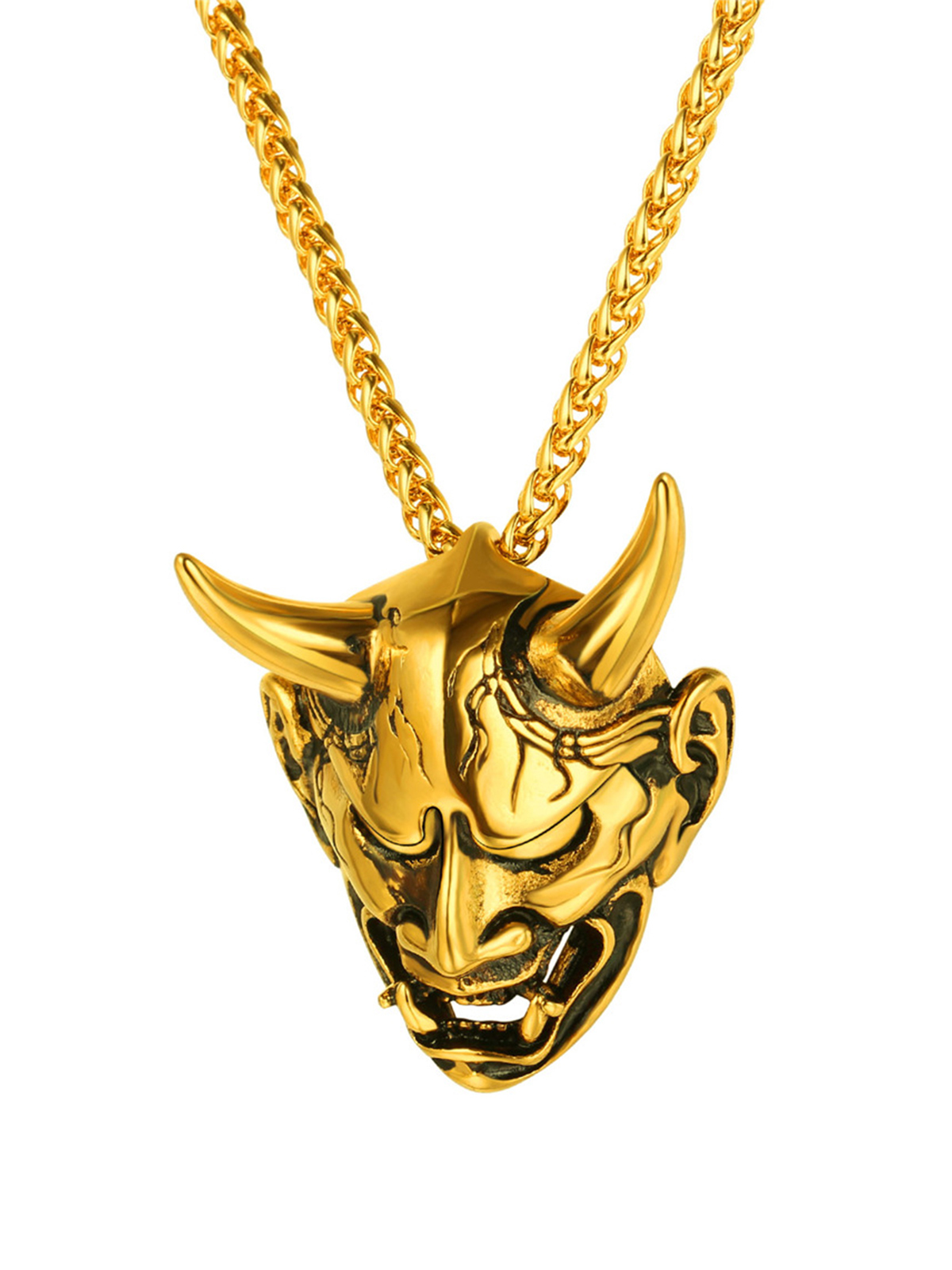 Hannya Mask Pendant Evil Demon Horn Necklace in 18K Gold Plated