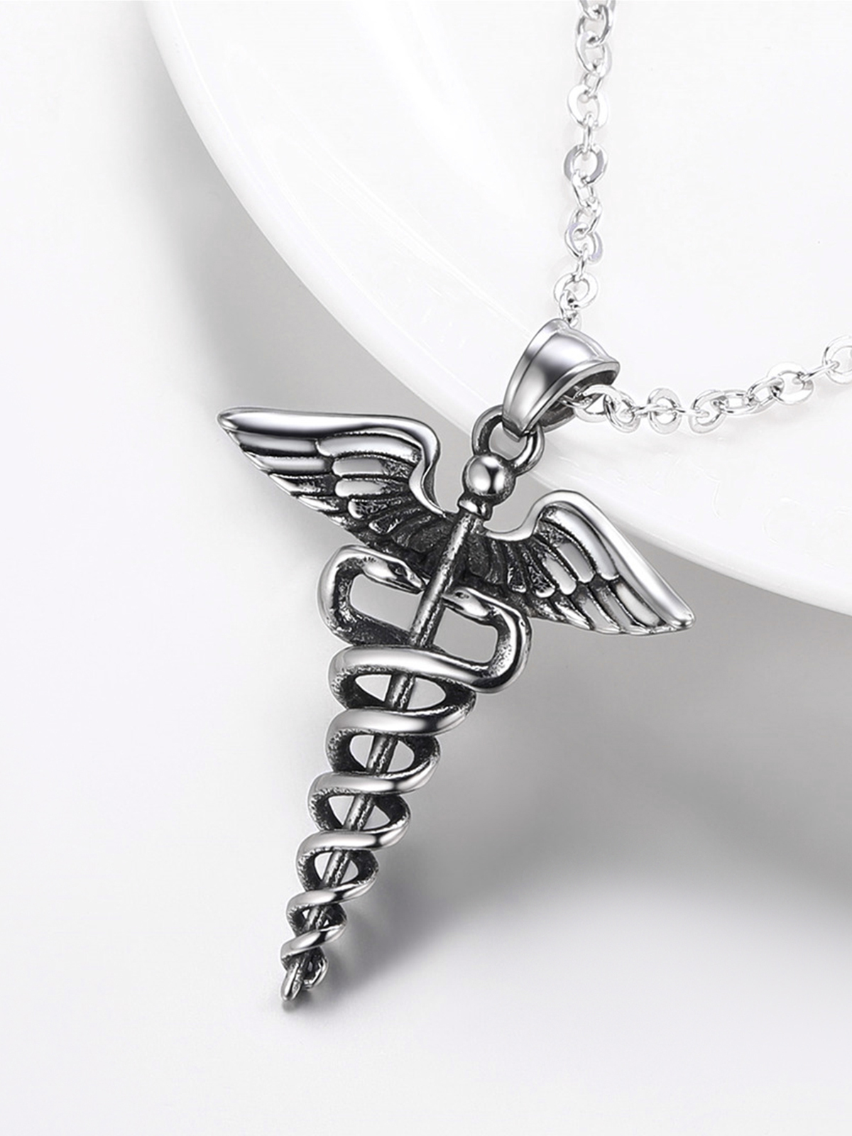 Caduceus Angel Pendant Nursing Necklace in Stainless