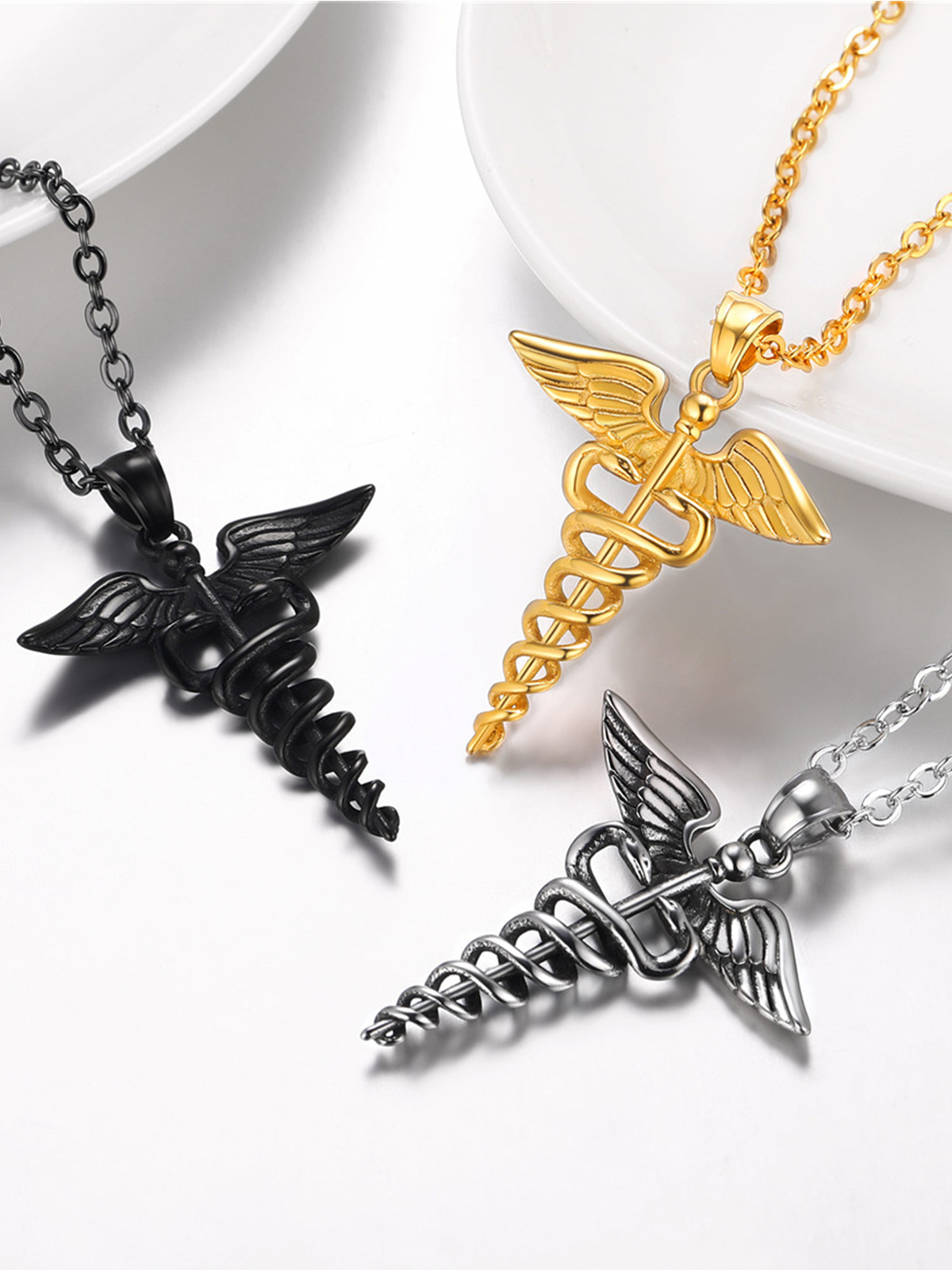 Caduceus Angel Pendant Nursing Necklace in Black