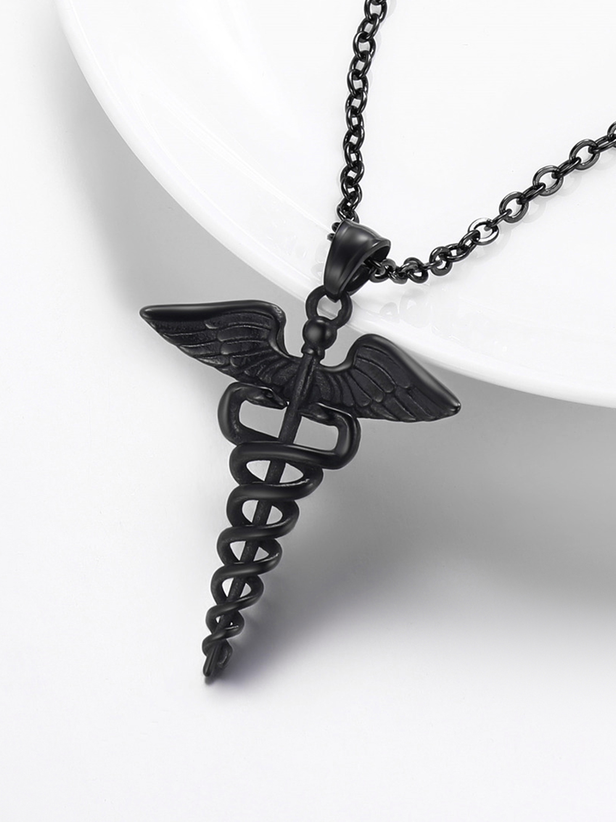 Caduceus Angel Pendant Nursing Necklace in Black