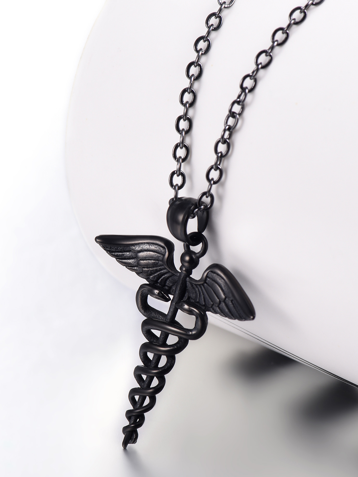 Caduceus Angel Pendant Nursing Necklace in Black