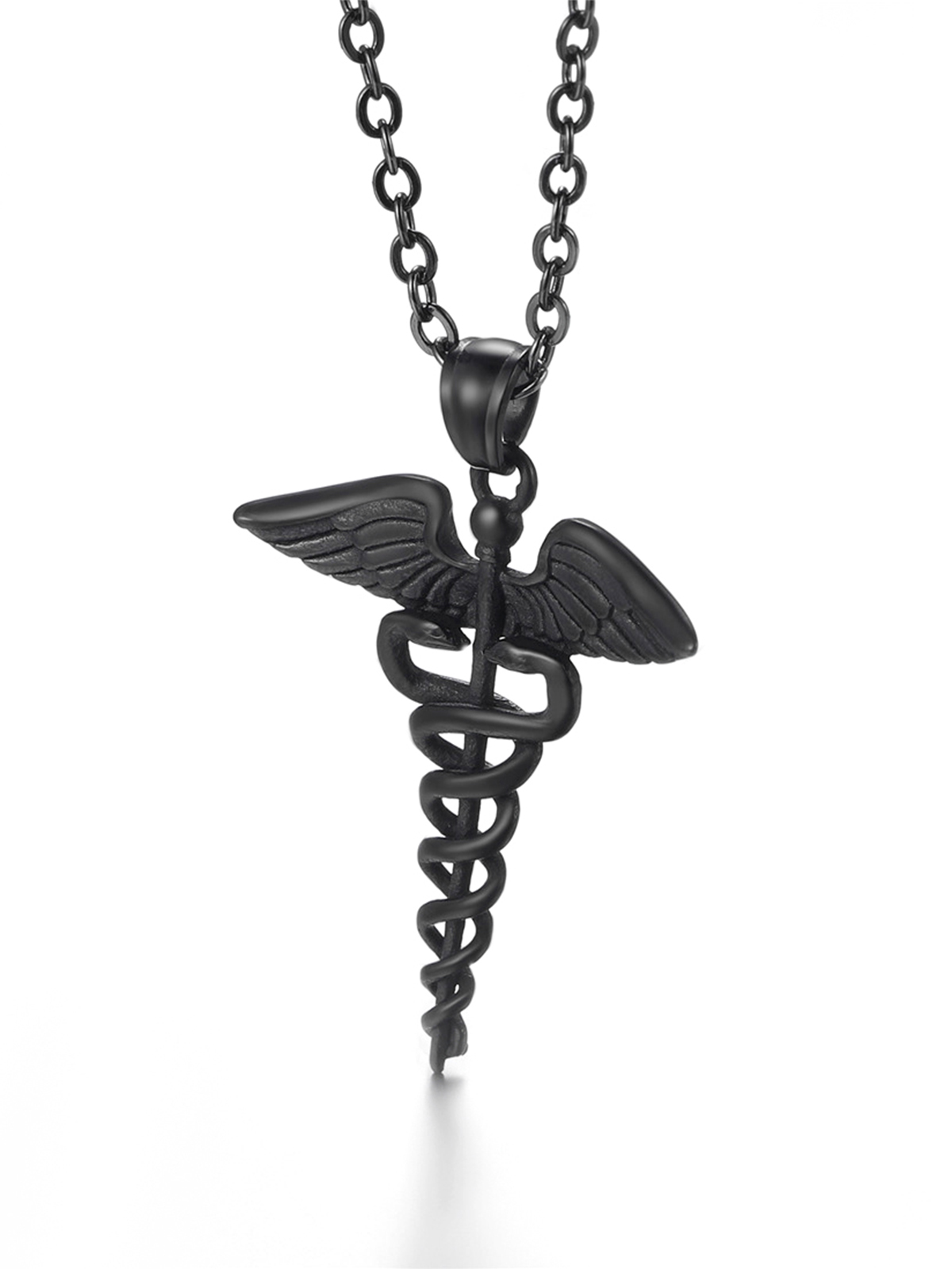 Caduceus Angel Pendant Nursing Necklace in Black
