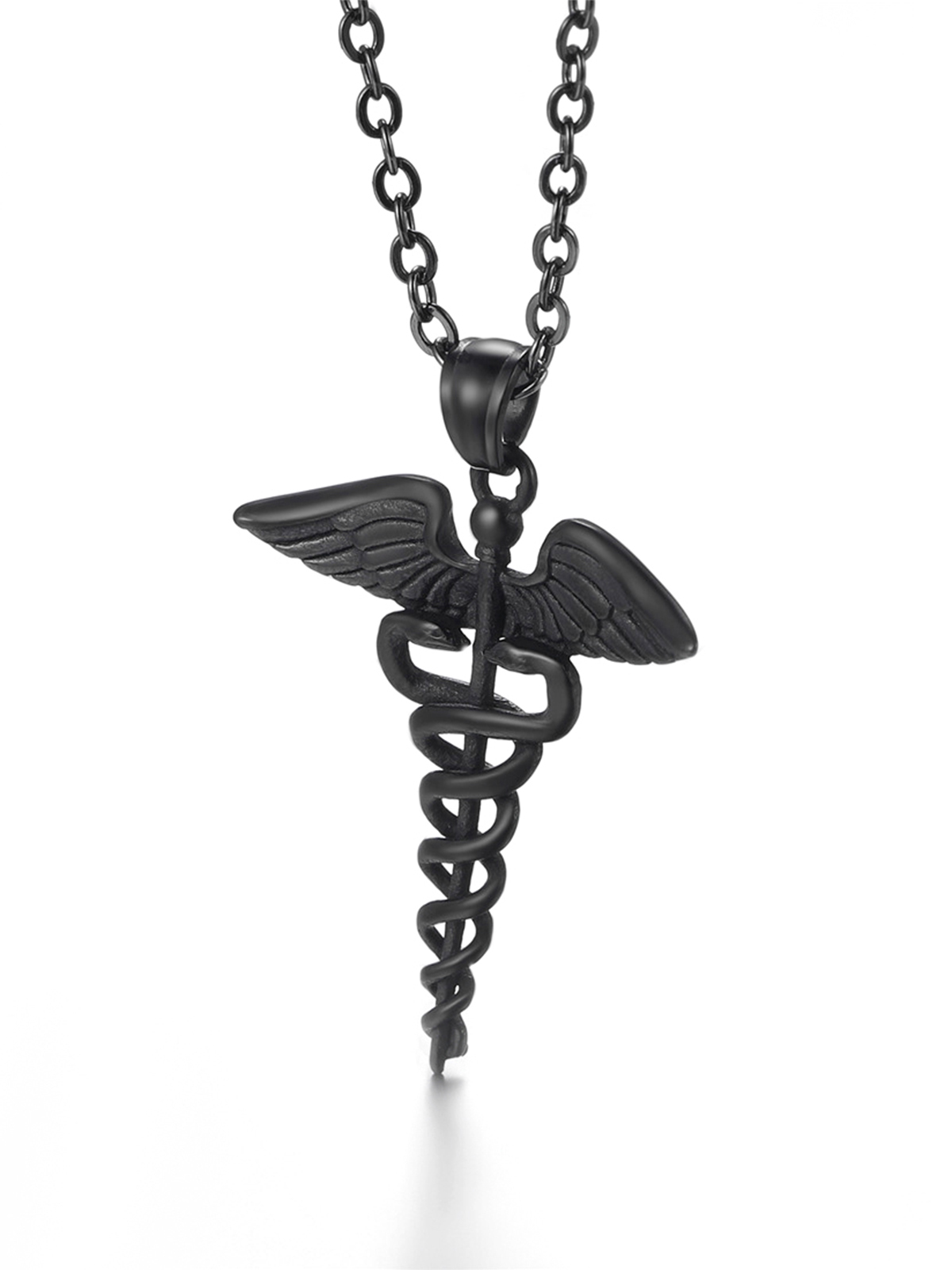 Caduceus Angel Pendant Nursing Necklace in Black