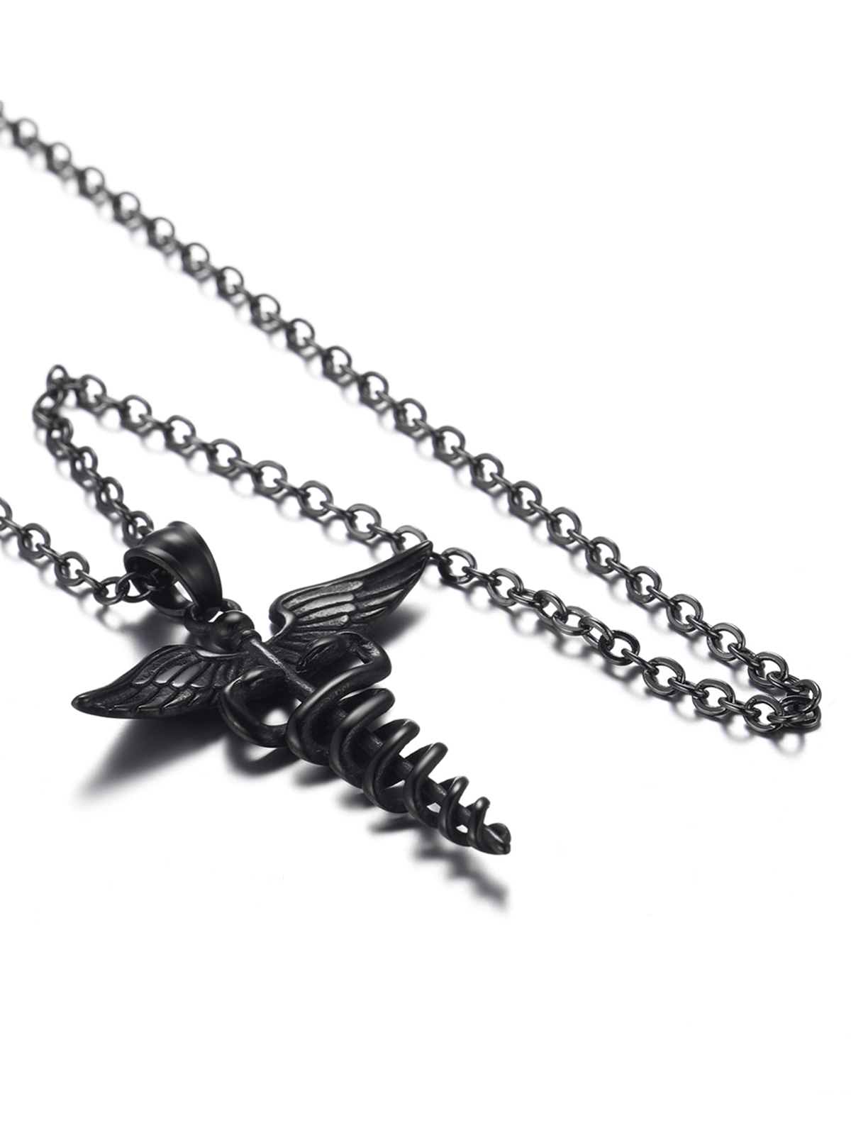 Caduceus Angel Pendant Nursing Necklace in Black