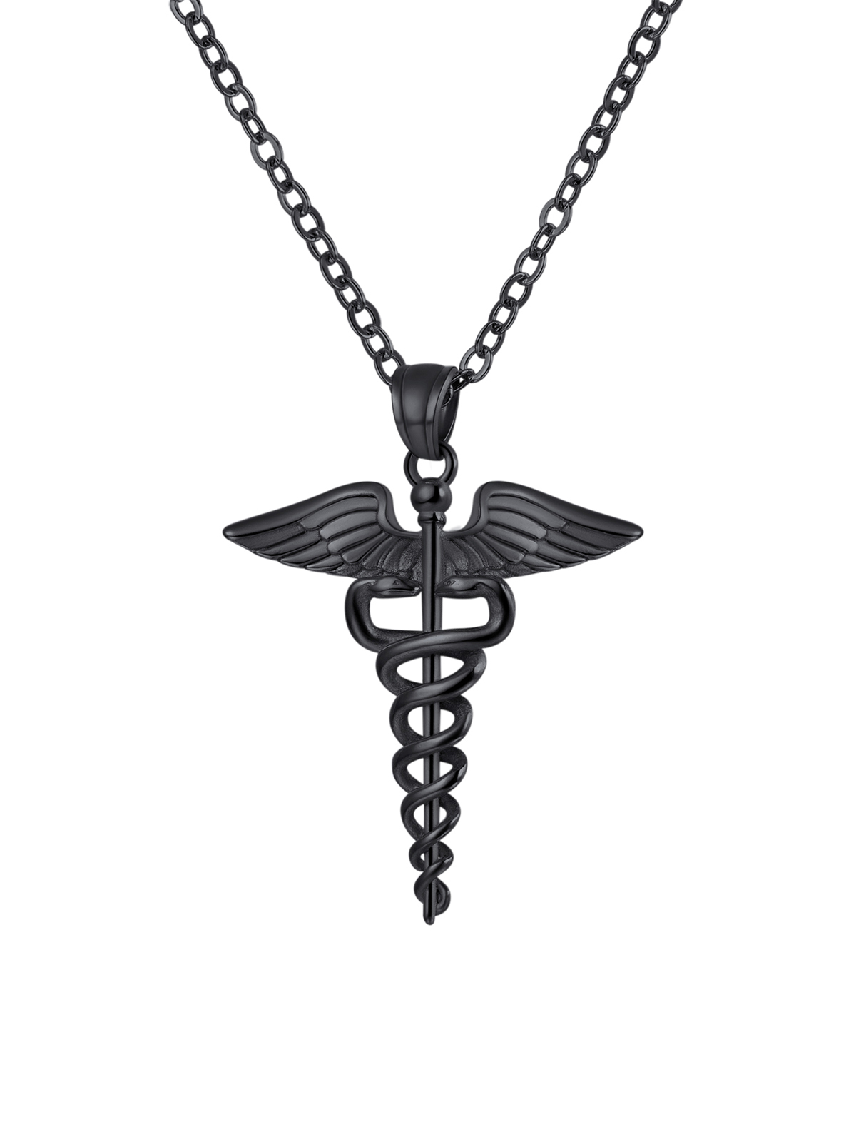 Caduceus Angel Pendant Nursing Necklace in Black