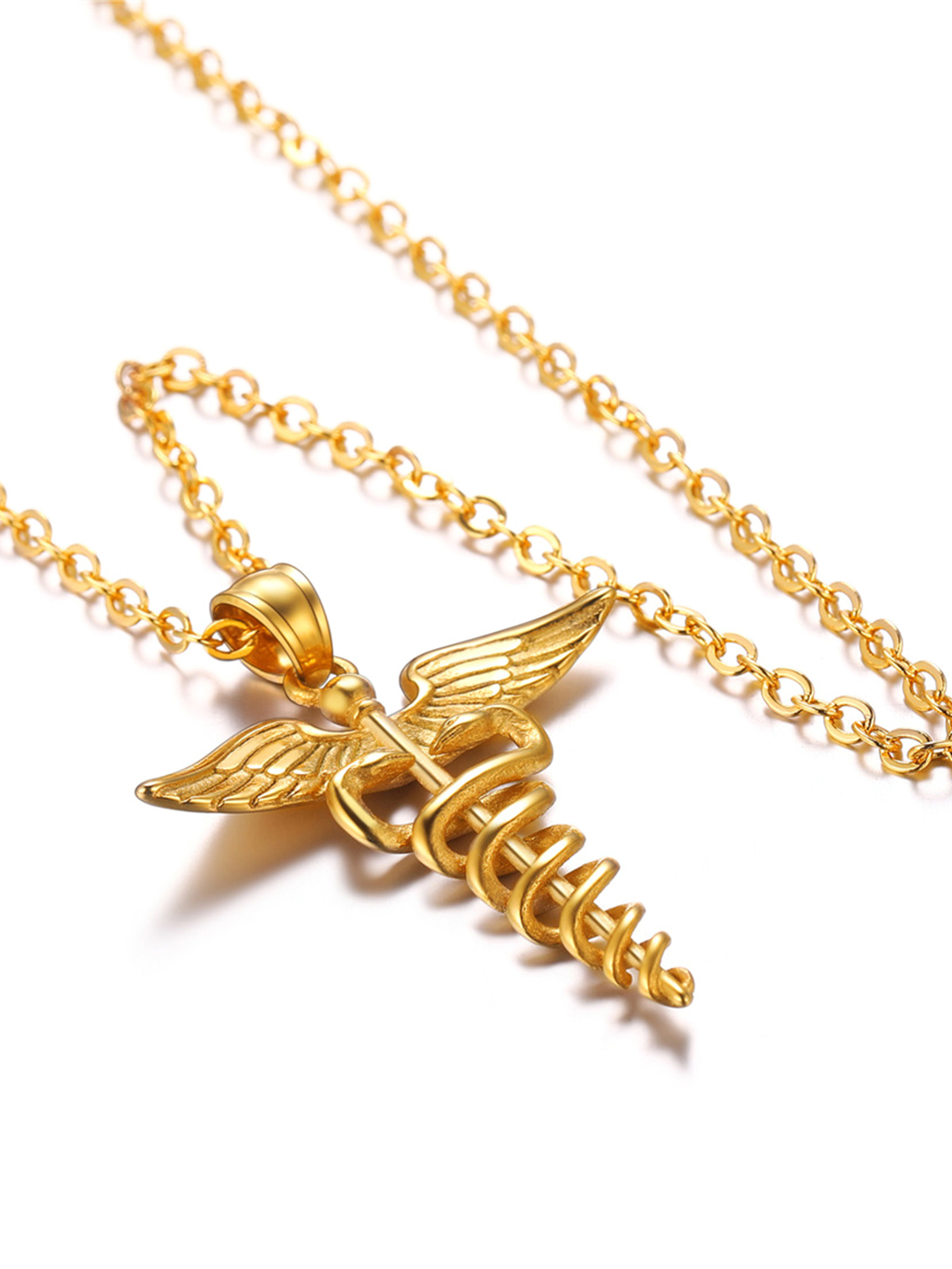 Caduceus Angel Pendant Nursing Necklace in 18K Gold