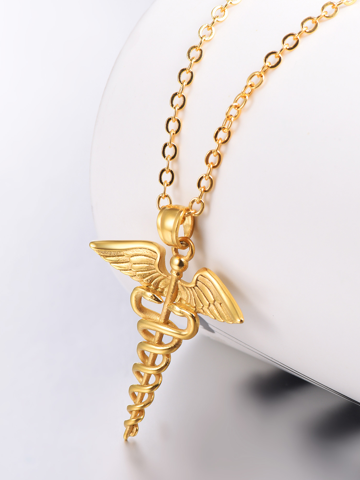Caduceus Angel Pendant Nursing Necklace in 18K Gold