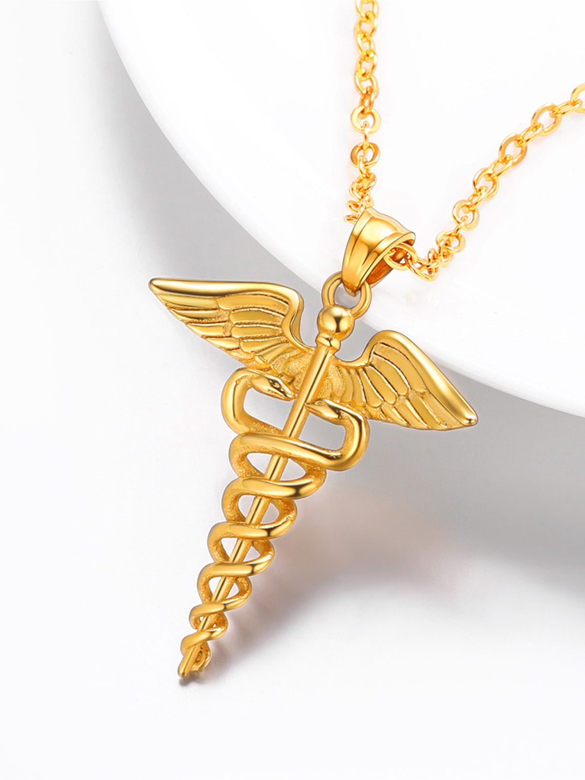 Caduceus Angel Pendant Nursing Necklace in 18K Gold