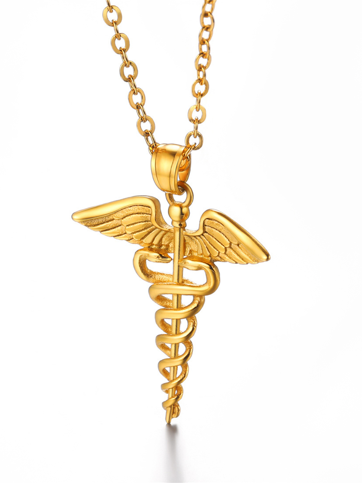 Caduceus Angel Pendant Nursing Necklace in 18K Gold