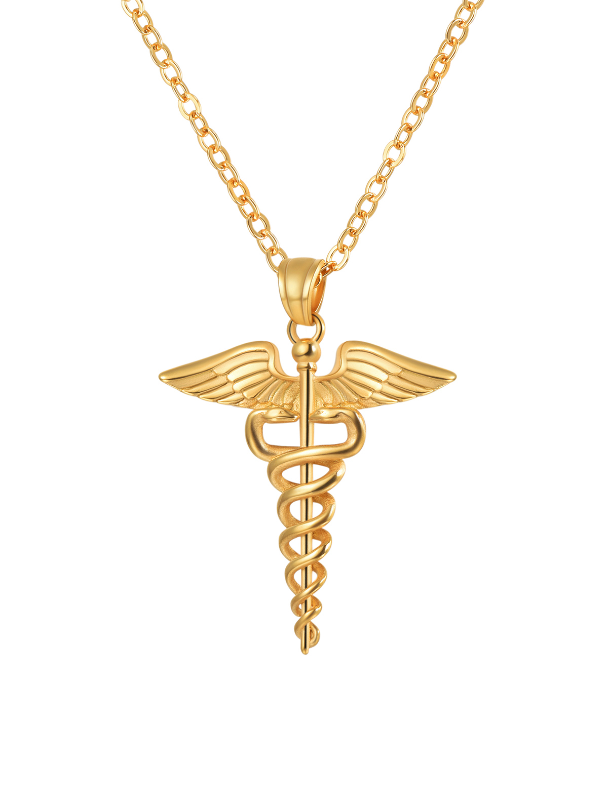 Caduceus Angel Pendant Nursing Necklace in 18K Gold