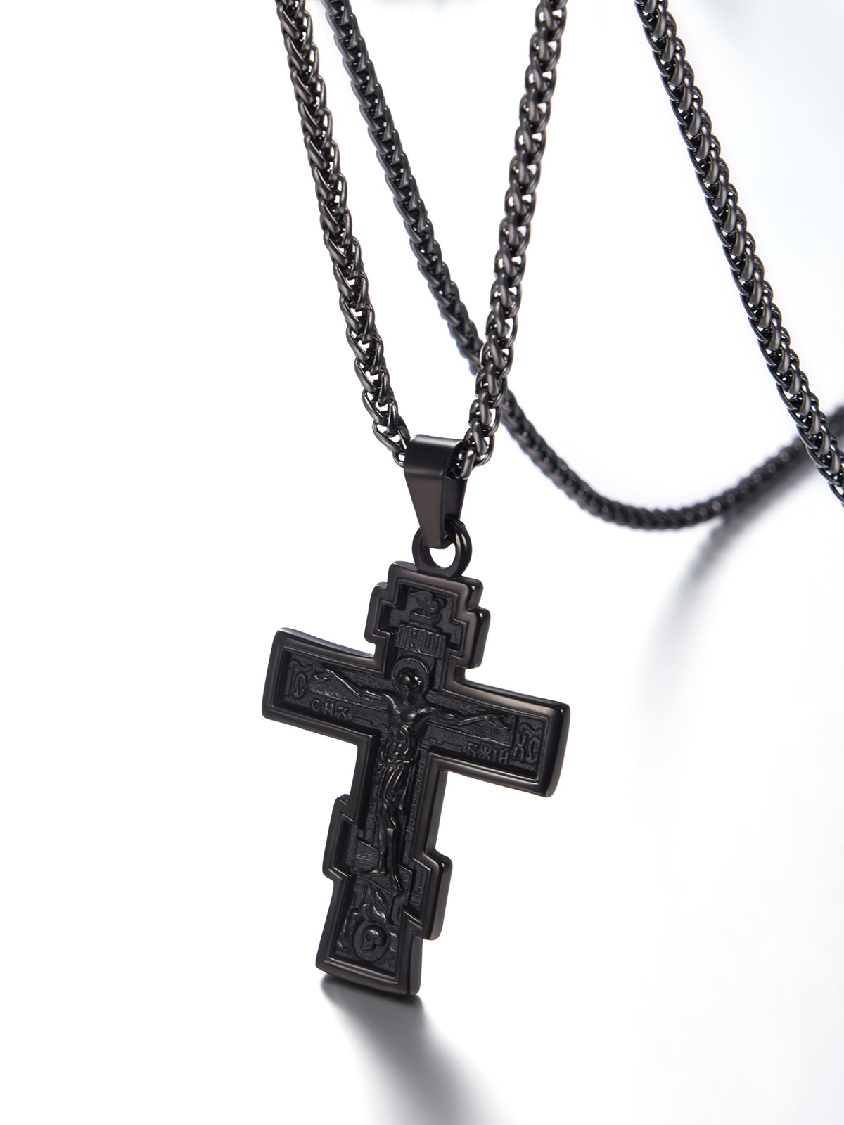 Orthodox Cross Pendant Jesus Crucifix Necklace in Black